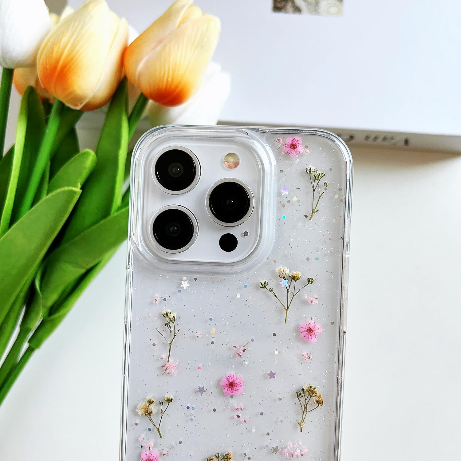 Lseeka For Iphone 15 Pro Clear Case With Pressed Real Flowers Design,Glitter Cute Pink Floral Pattern Slim Soft Tpu Protective W