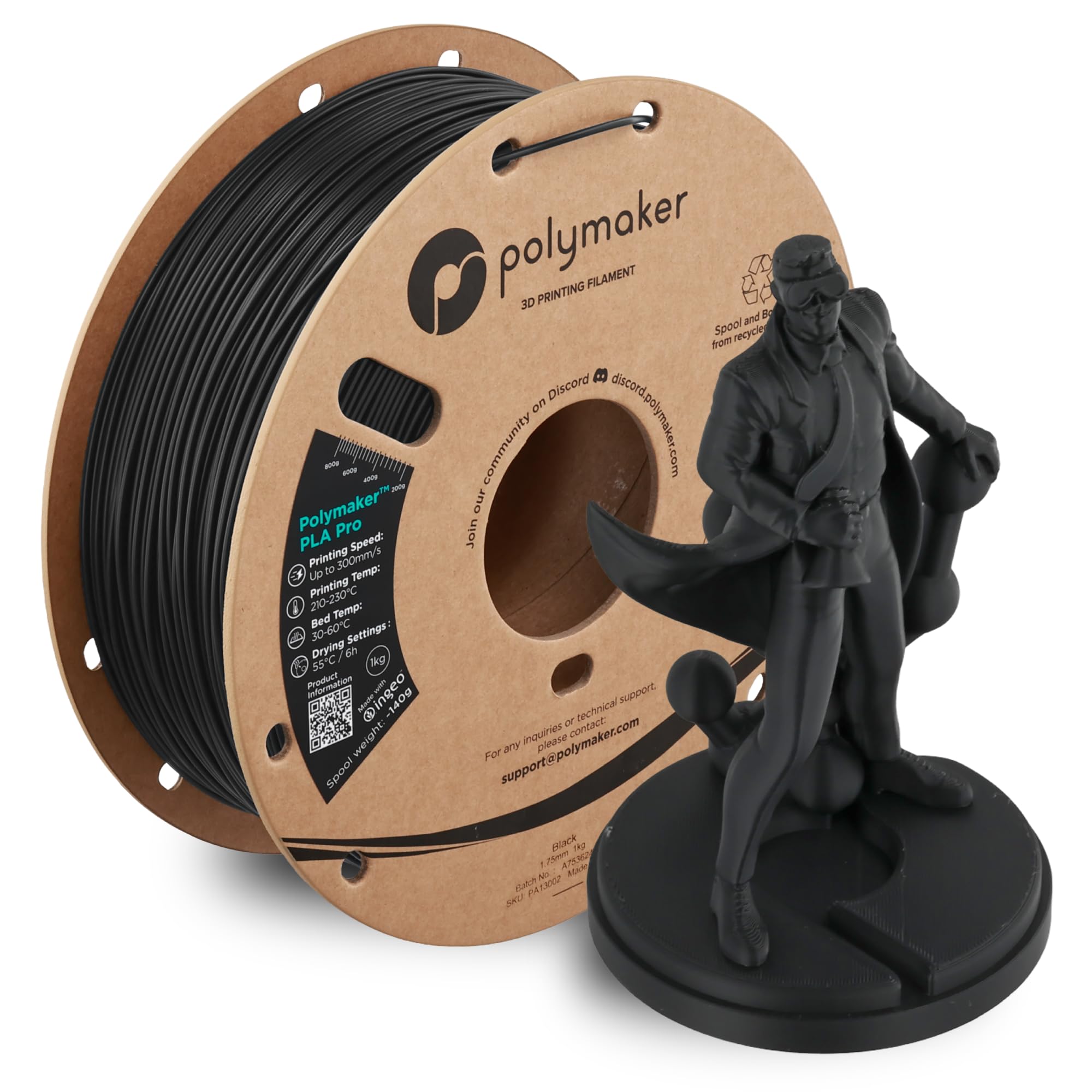 Polymaker PLA Pro 3D Printing Filament Black 1.75mm 1KG, High-Impact Tough PLA, Fast Printing up to 300mm/s, High Speed New Form