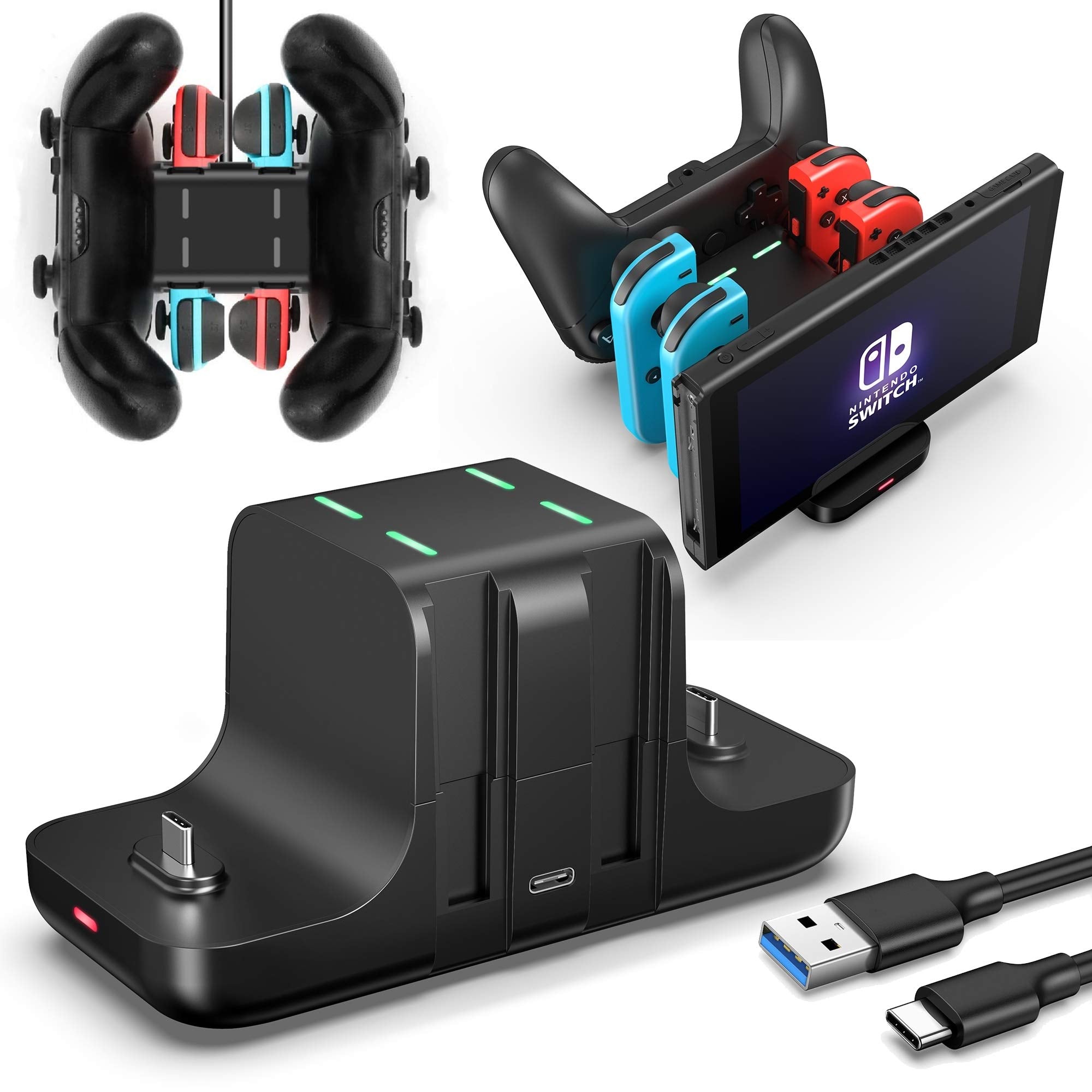 Upgraded Controller Charger Dock Station For Nintendo Switch Pro Controller And Joy Con, Fanpl 6 In 1 Charging Stand For Switch
