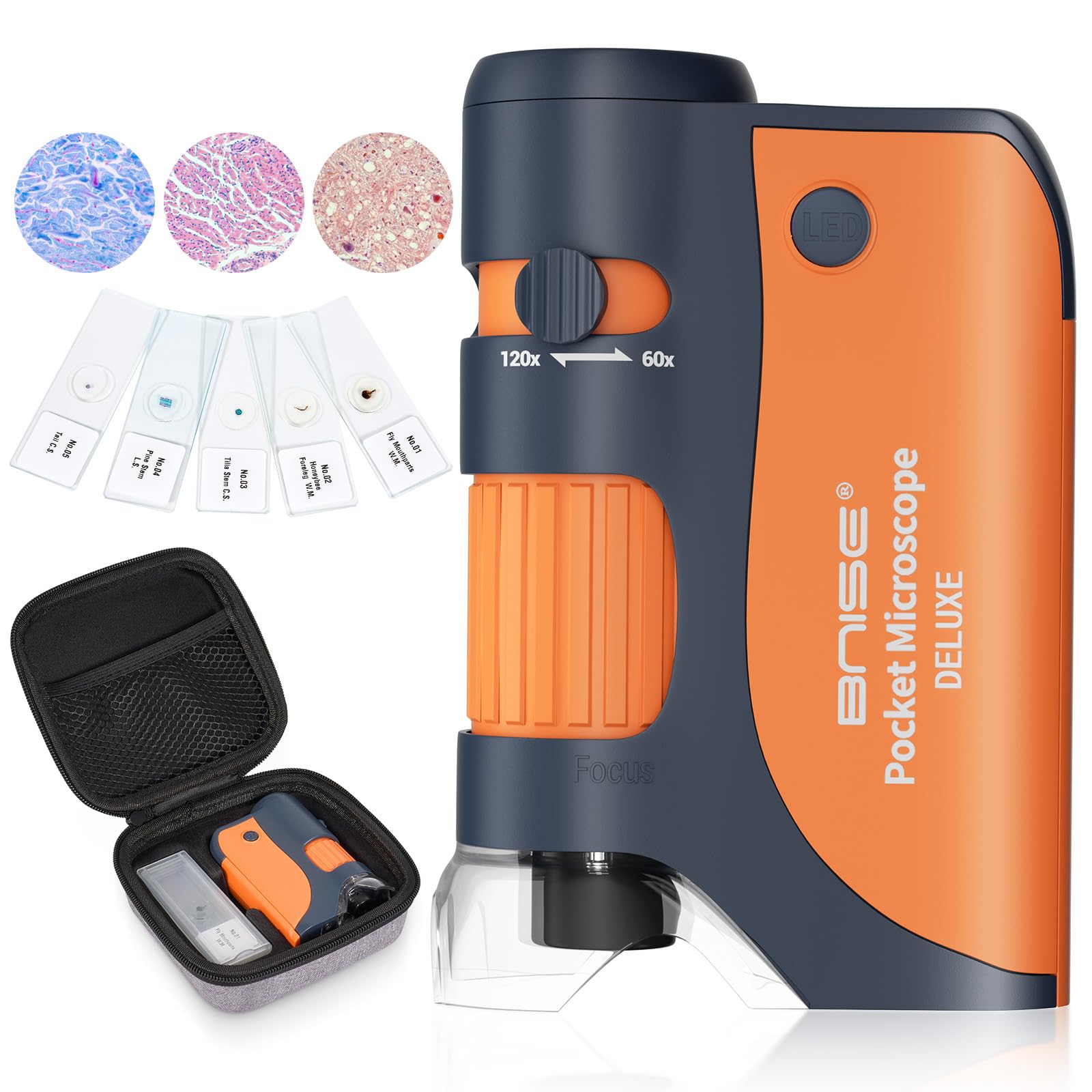 Bnise Pocket Microscope, Portable Mini Microscope Kids 60X 120X, Handheld Microscope With 5 Microscope Slides And Carrying Case