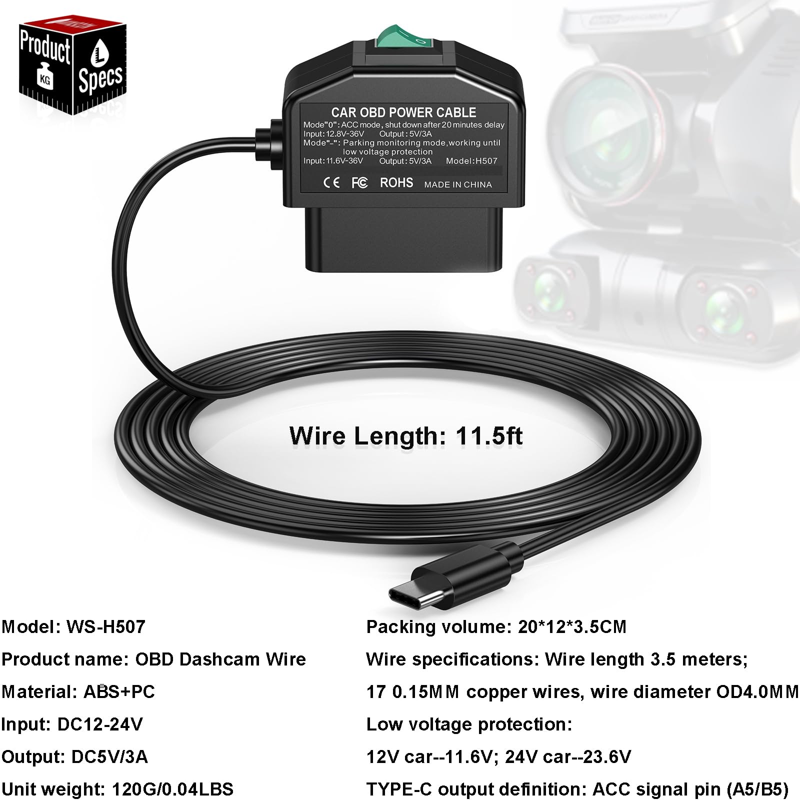 Redsia Dash Cam Hardwire Kit Type C OBD Power Cable Low Voltage Protection 24h Parking Surveillance ACC Mode Black 3.5m