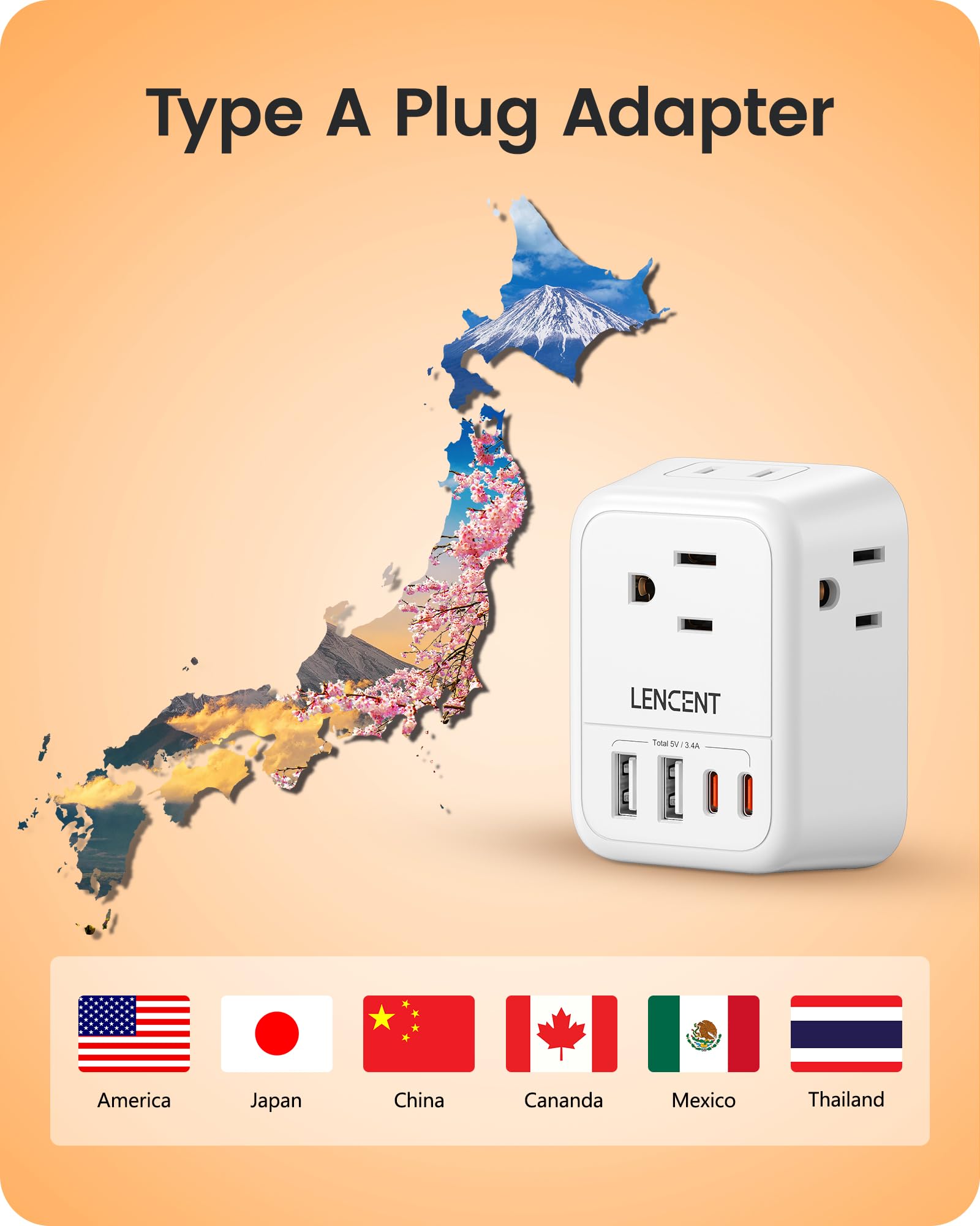Lencent Foldable Japan Travel Adapter, 2 To 3 Prong Outlet Adapter, Us To Japan Plug Adapter With 4 Ac Outlets 4 Usb Charger Cub