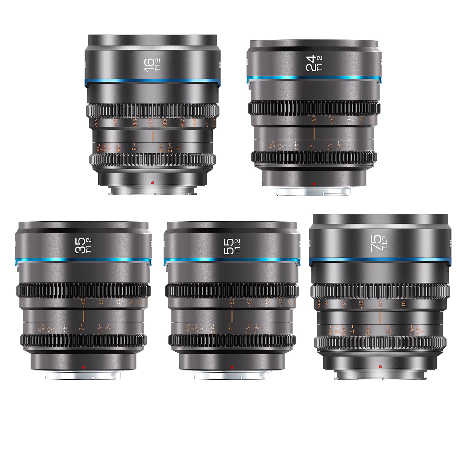 Sirui Night Walker T1.2 S35 Cine Lens Set, 16Mm, 24Mm, 35Mm, 55Mm, 75Mm Large Aperture Manual Focus Lens (E Mount, Metal Grey)