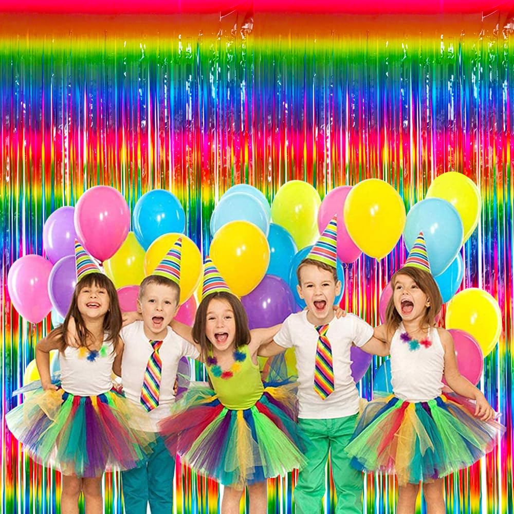 Beishida 4 Pack Rainbow Foil Fringe Curtain Steamers Party Backdrop   Tinsel Metallic Curtains Photo Backdrop For Door Birthday