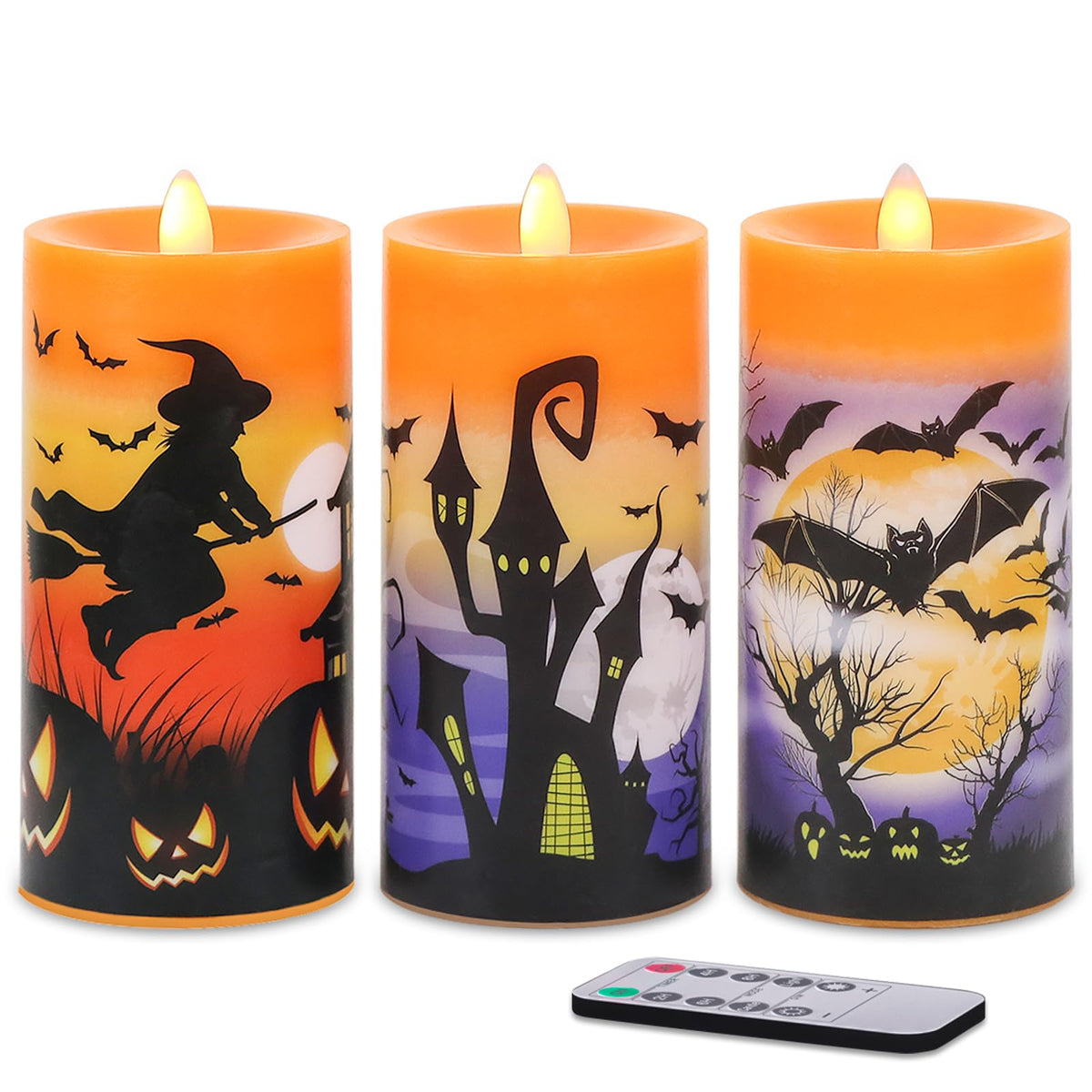 Dromance Halloween Flameless Led Candles Battery Operated With Remote And Timer, Real Wax Flickering Pillar Candles Flat Wick Di