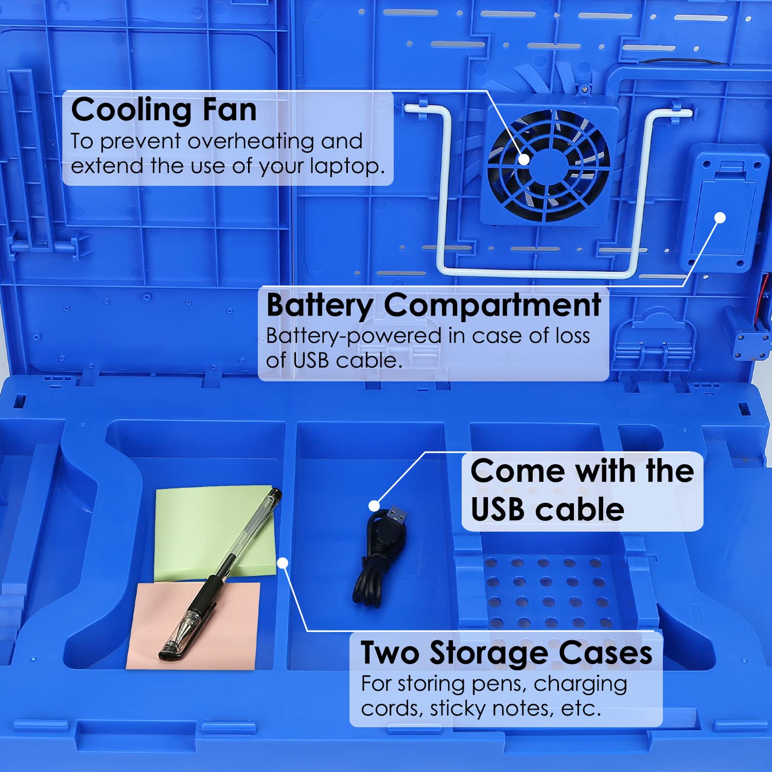 Laptop Desk For Bed,Laptop Bed Tray Table For Couch Sofa,Portable Adjustable Height Foldable Laptop Desk With Cooling Fan Led Light Mouse Pad 4 Port Usb Hub(Blue)