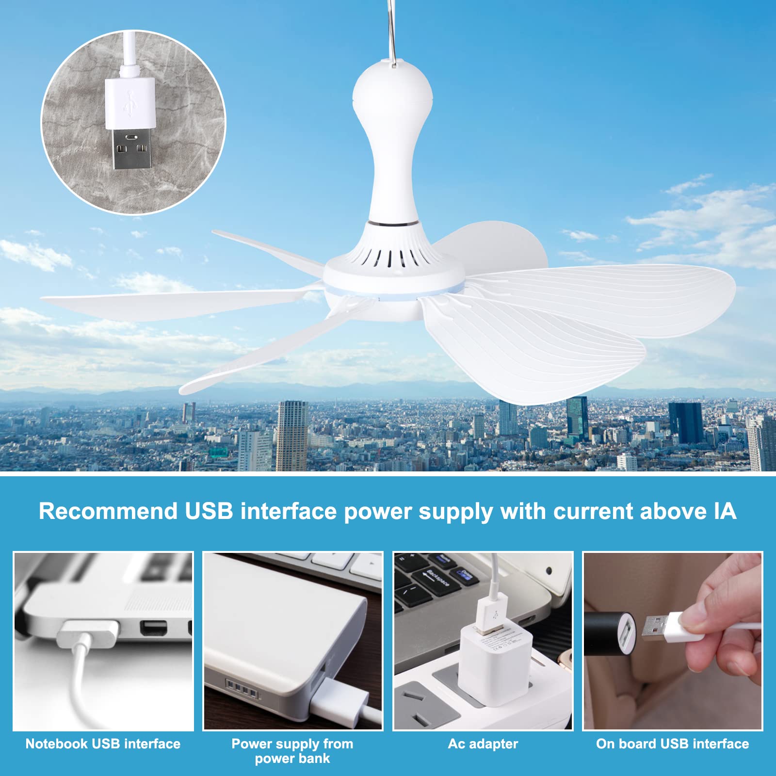 Xindejia Usb Powered Small Ceiling Fan 6 Blades Quiet Dc 5V Usb Hanging Fans For Indoor Outdoor Rv Bed Room Dorm Desk Travel Cam