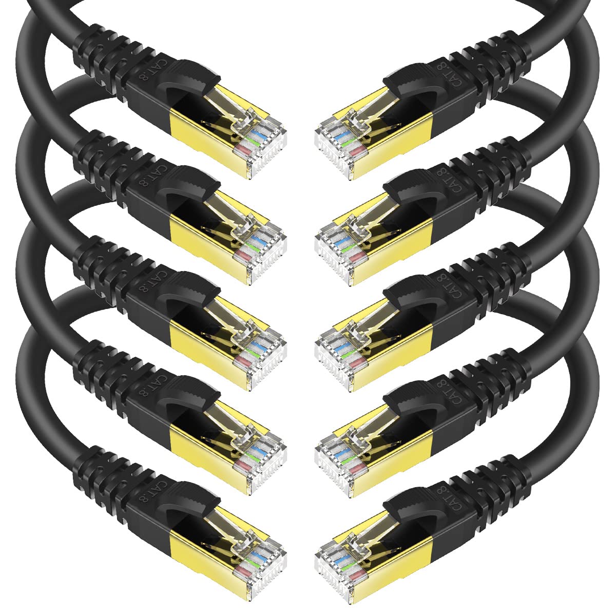 Kasimo Cat 8 Ethernet Cable 1 Feet, 10 Pack Black Shielded Sftp Internet Network Patch Cord, Heavy Duty High Speed Lan Cables W Gold Plated Rj45 Connector Professional For Router, Modem, Gaming