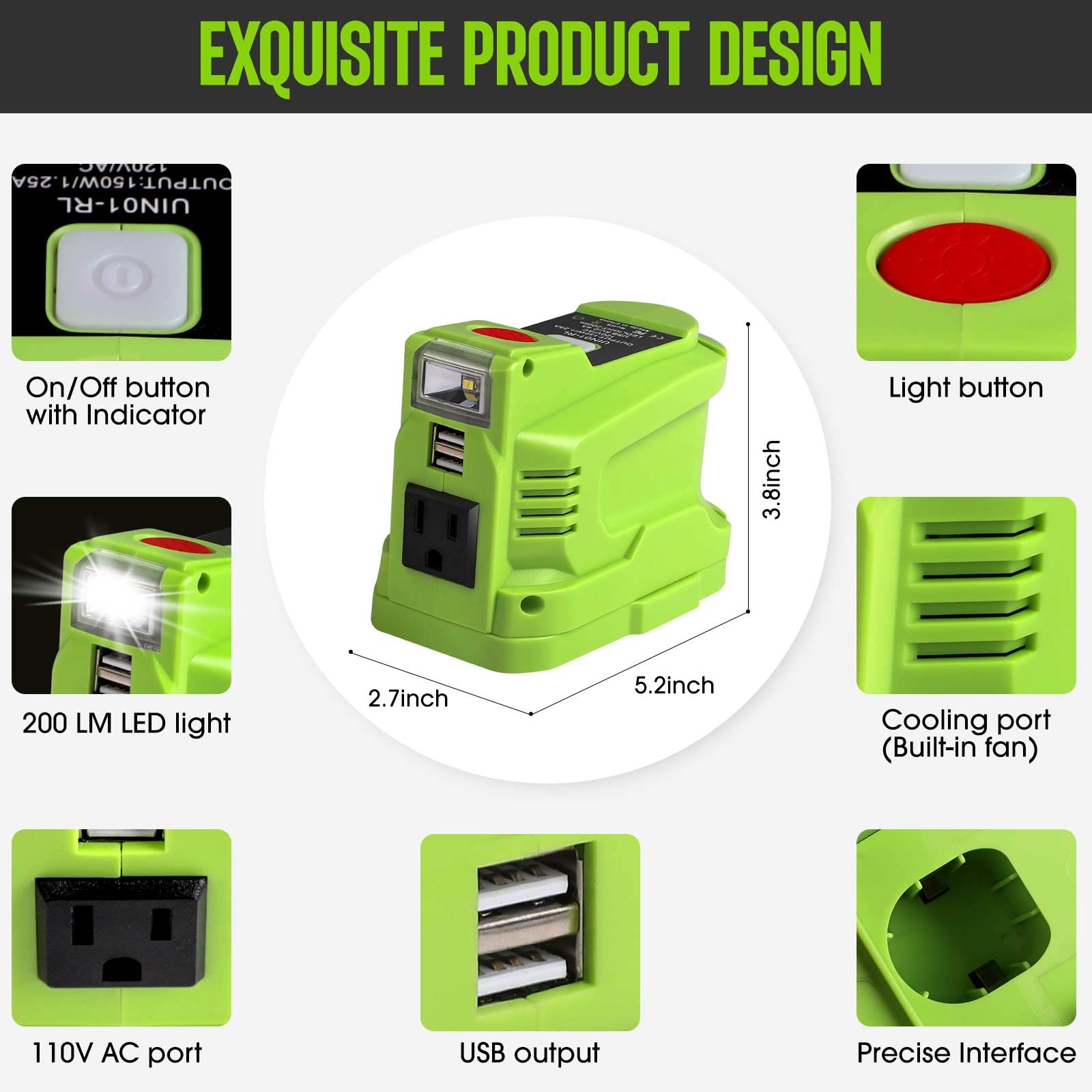 Portable Power Inverter For Ryobi 18V Battery, 150W Inverters Generator Power Source For Ryobi 18V Li Ion Battery W/ 2 Usb&Led L