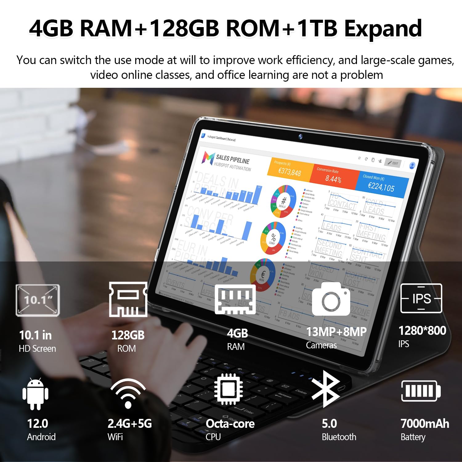 2024 Newest 2 In 1 Tablet 128Gb Storage+1Tb Expand 10 Inch Tablets, 2.4G&5G Wifi Tablet Pc, Android 12 Tablet With Keyboard, Oct