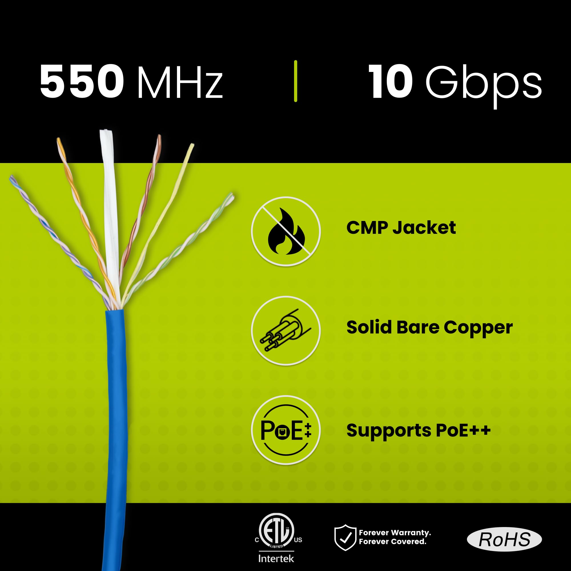 Truecable Cat6 Plenum (Cmp), 1000Ft, Black, 23Awg 4 Pair Solid Bare Copper, 550Mhz, Poe++ (4Ppoe), Etl Listed, Unshielded Twiste