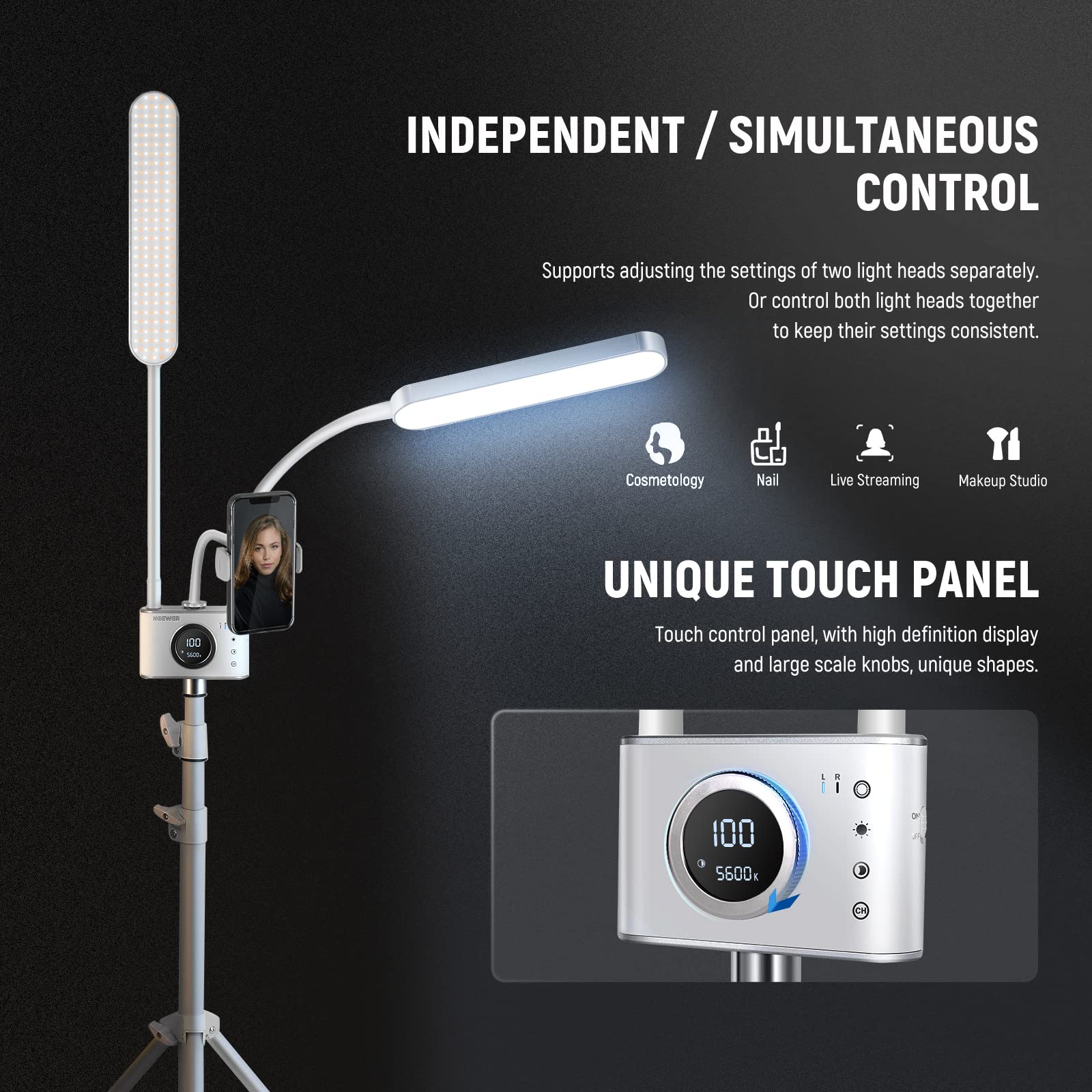 Neewer Esthetician Light With Phone Holder & Travel Bag Kit, Support 2.4G/Pc/Mac Control & Separate Control Of 2 Led Light Heads