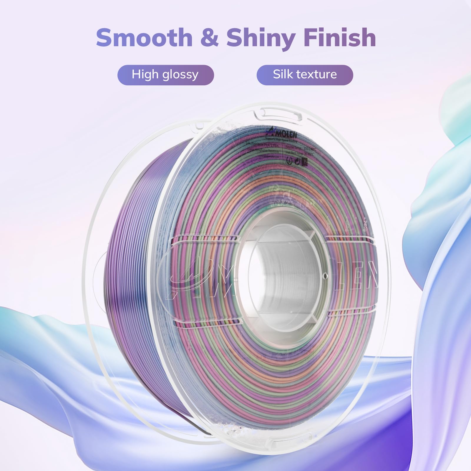 Amolen Silk Pla 3D Printer Filament, Shiny Multicolor Kingfisher Rainbow Pla Filament 1.75Mm, Gradient Color Change Pla 3D Print