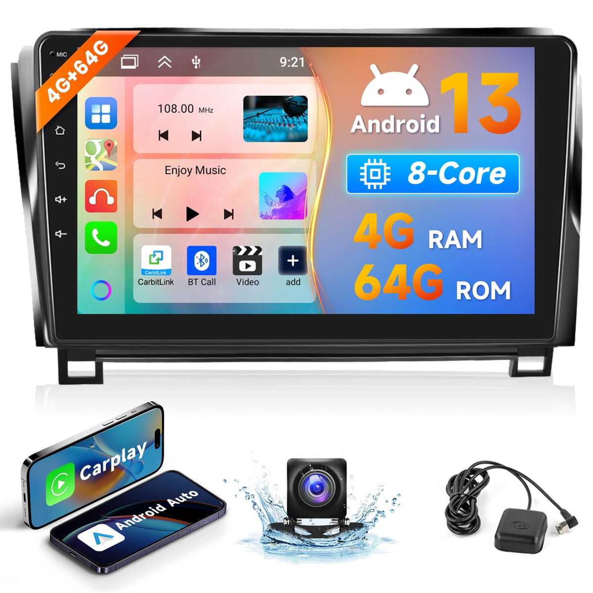 8 Core 4G 64G Android Stereo Radio For Toyota Tundra 2007-2013 Toyota Sequoia 2008-2018 Apple Carplay, Rimoody 10.1'' Touchscree