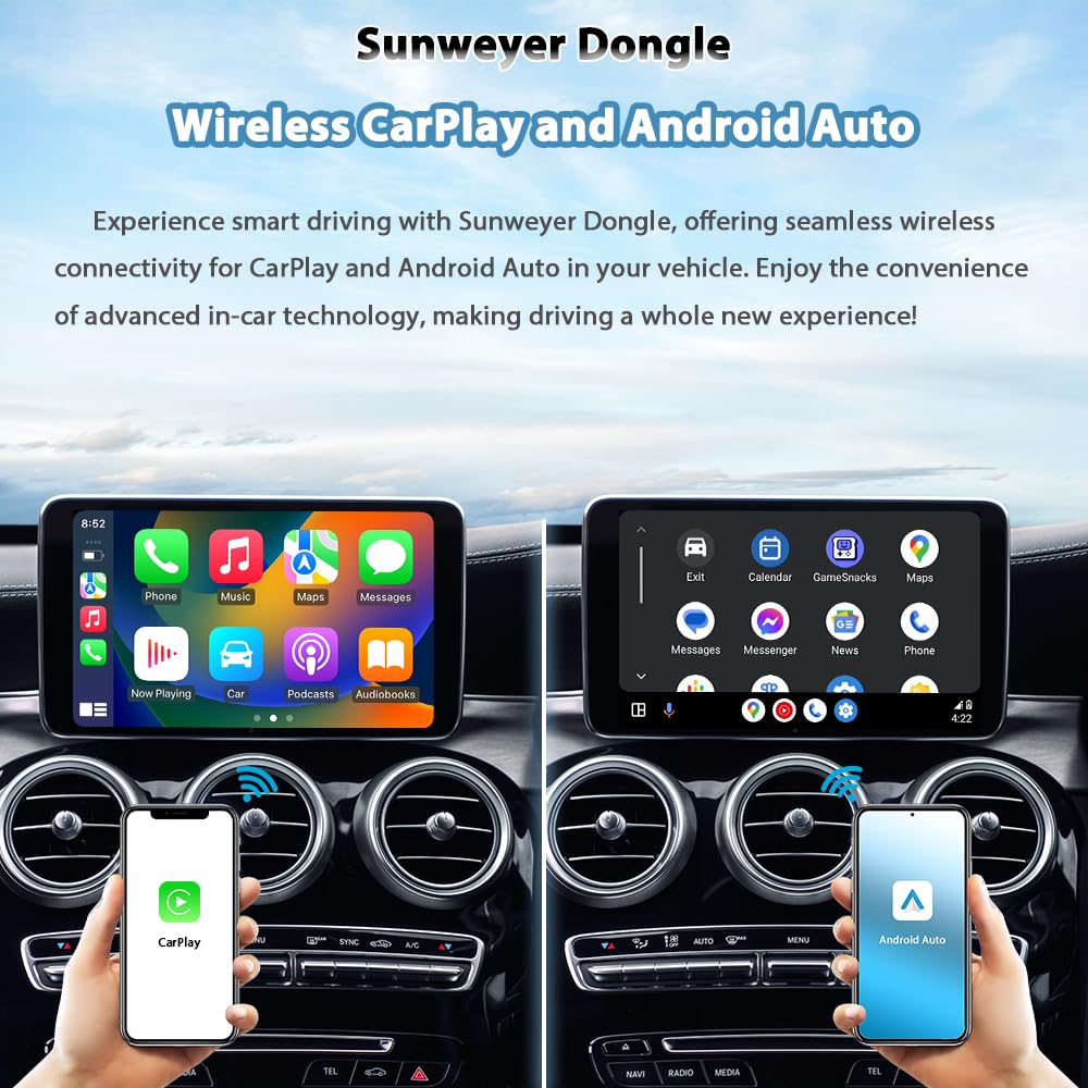 Sunweyer 2024 Latest Wireless Carplay & Android Auto Dongle 2 In 1 Auto Connect Box,Usb Type C Port,Supports Online Updates Wire