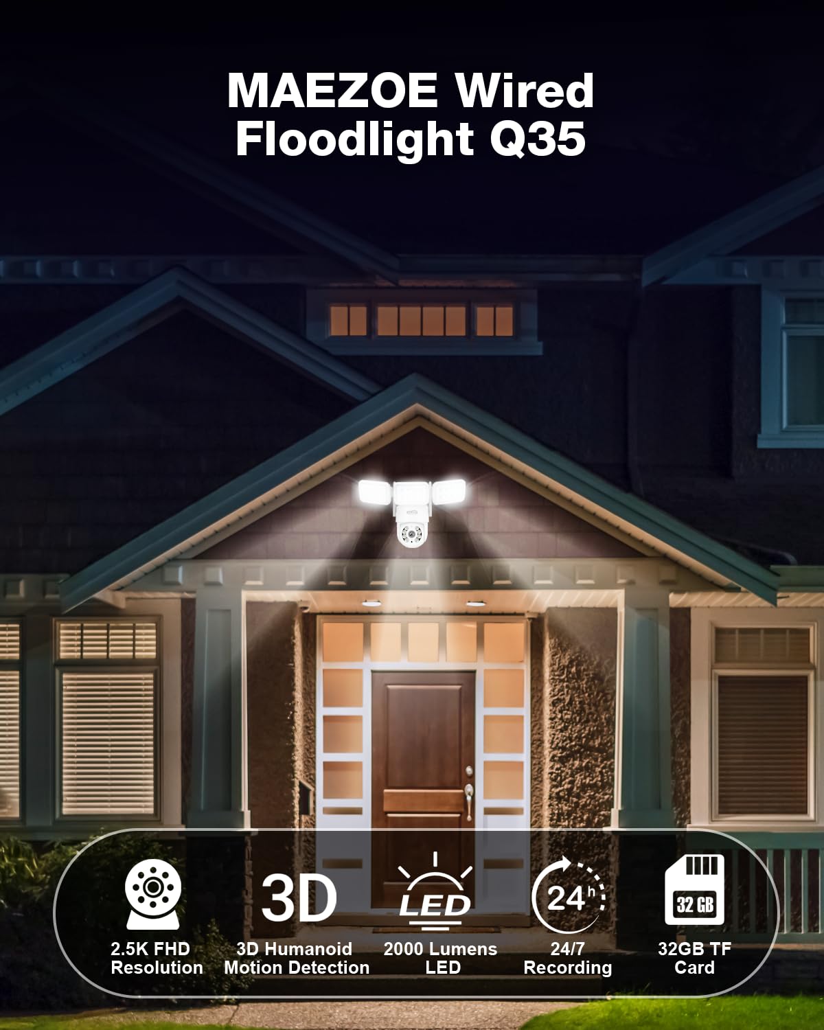 Maezoe Floodlight Camera Wired   Outdoor Smart Security Cameras, 360 Coverage, 3D Motion Detection, 2000 Lumens, 2 Way Audio, 2.