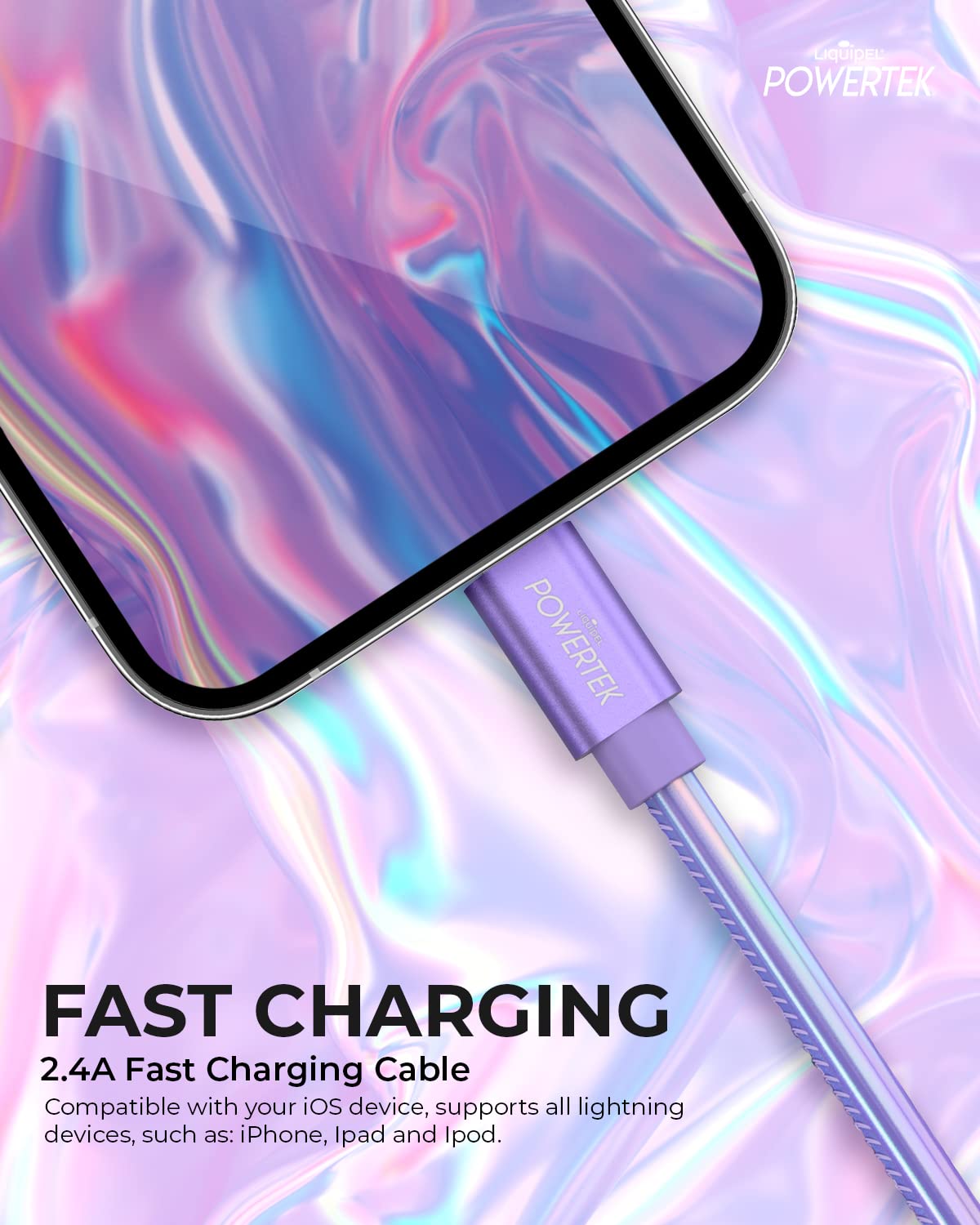 Liquipel Powertek Iphone Charger Cable, 6 Ft Fast Charging Lightning To Usb Cord Adapter, Compatible For Ipad, Mfi Certified, Metallic Shine (Purple)
