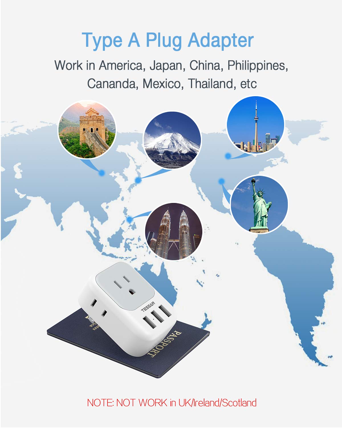 Tessan Us To Japan Plug Adapter, 2 Prong To 3 Prong Outlet Adapter With 4 Ac And 3 Usb Charger, Type A Travel Power Adaptor For