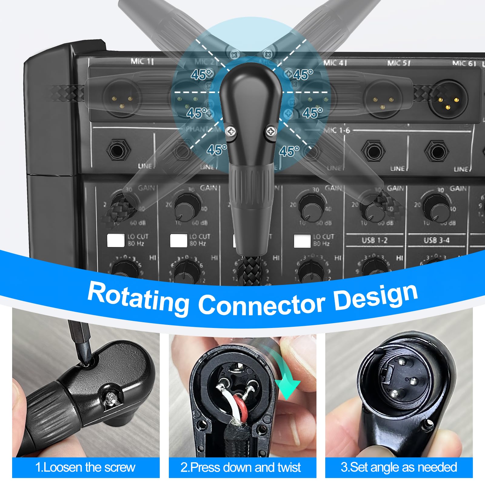 Hosongin Right Angle Xlr Cable, Adjustable-Angle Female To Straight Male 1Ft, 90 Degree Mic Cord For Mixer, Studio, Podcast - 2