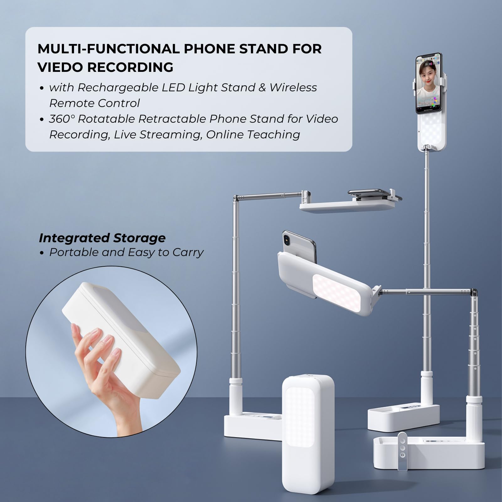 Beyonday Foldable Phone Holder For Recording, Selfie Stand With Rechargeable Led Light&Wireless Remote Control 360 Rotatable Ret