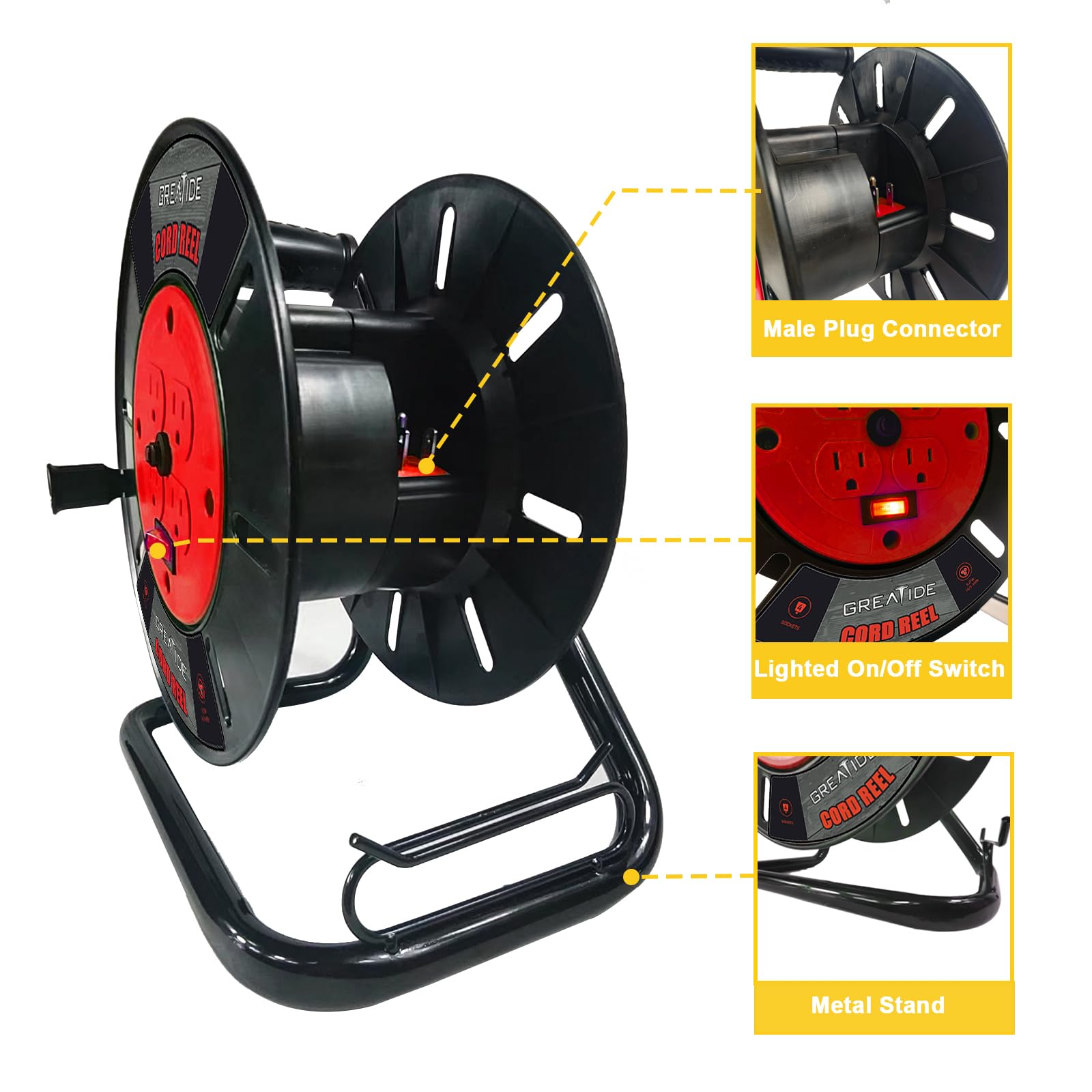 Greatide Heavy Duty Extension Cord Storage Reel With 4 Grounded Outlets, 10A Circuit Breaker, Retractable Hand Wind, Portable Em