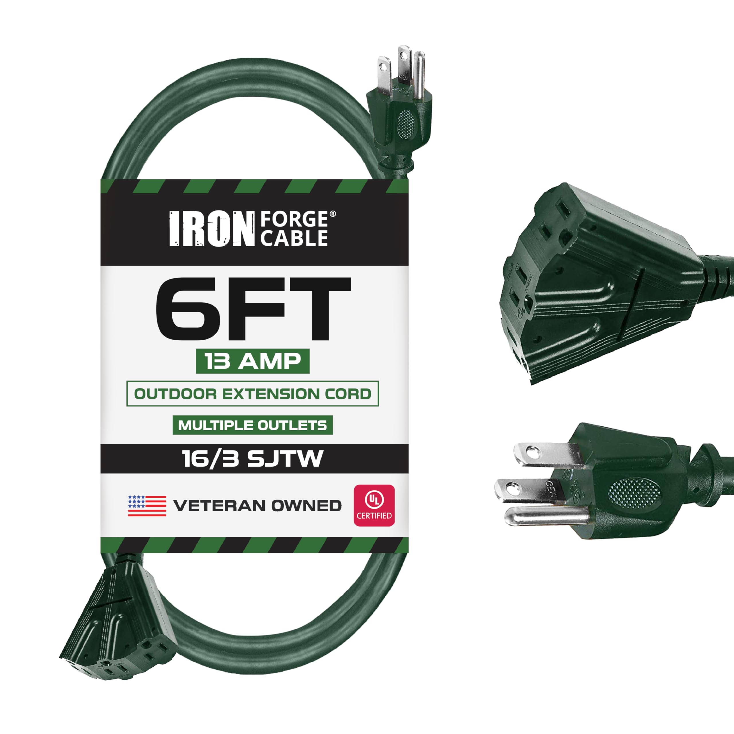 Iron Forge Cable 3 Outlet Outdoor Extension Cord 6 Ft, 16/3 Heavy Duty Green Extension Cord With Multiple Outlets 3 Prong, Weath