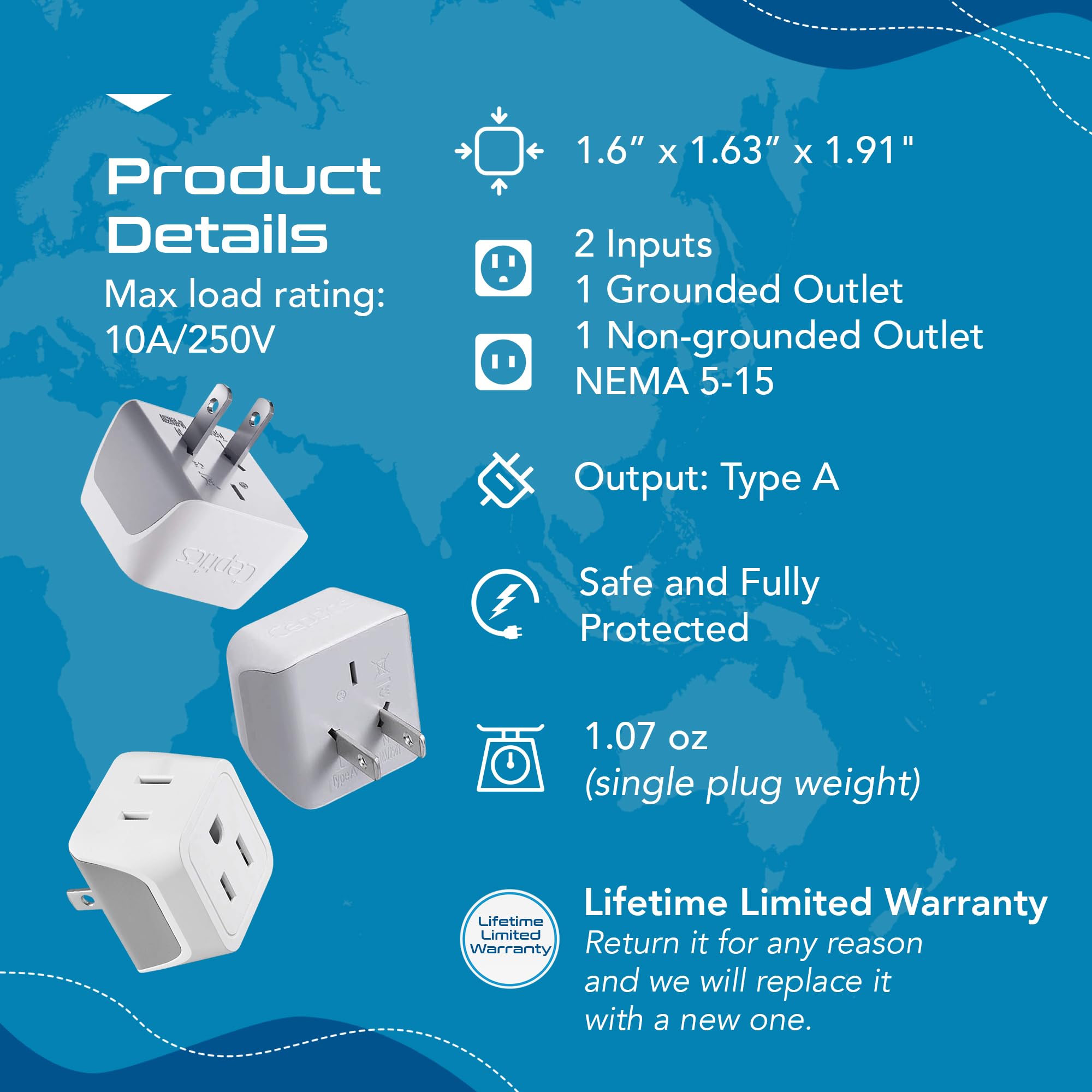 Japan, Philippines Travel Adapter Plug By Ceptics   Usa 3 Pin Polarized To 2 Prong Unpolarized   Type A (3 Pack)   Dual Inputs