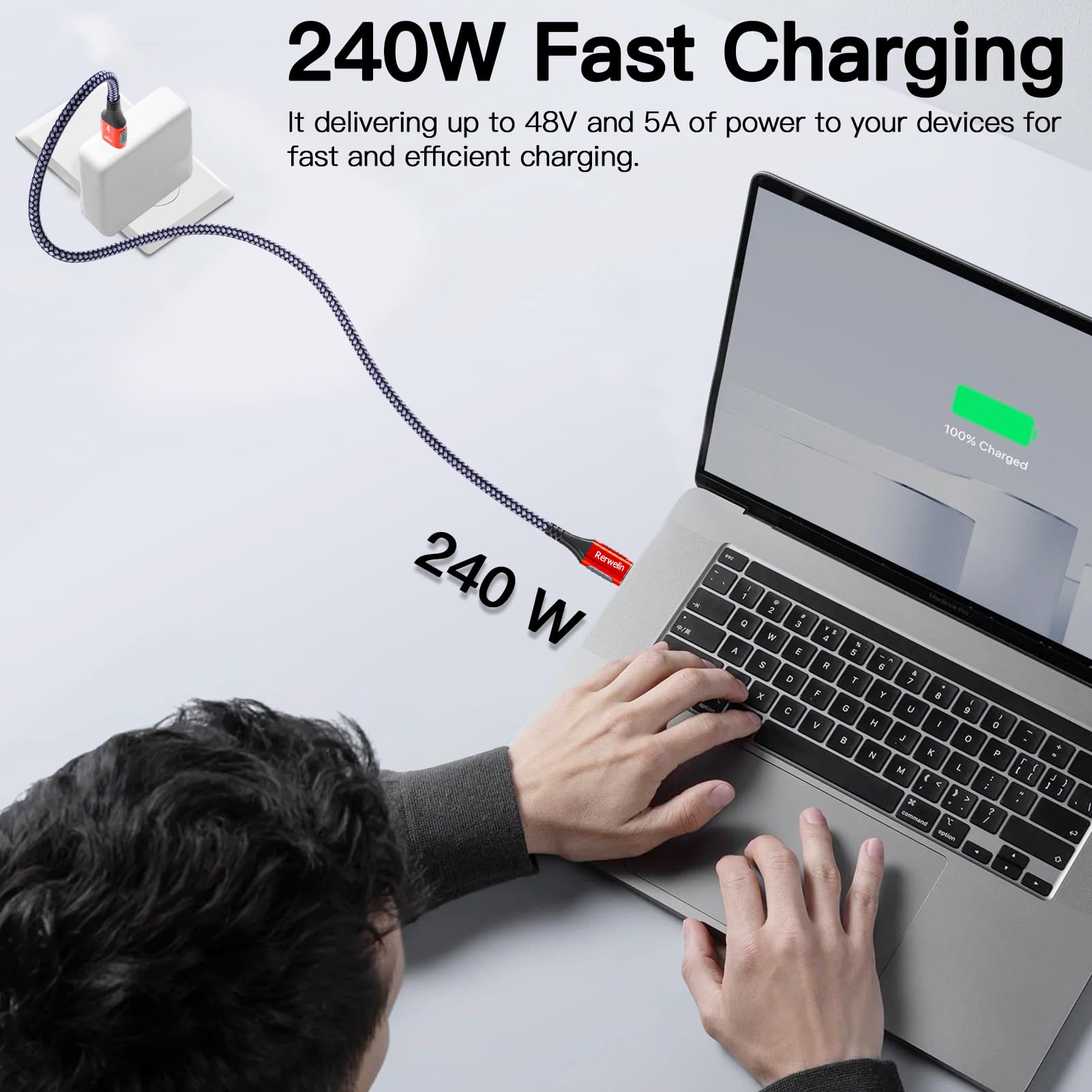 Rerwelin 4 Ft For Thunderbolt 4 Cable 240W, 40Gbps Usb 4 Cable With Pd 3.1, 8K@60Hz, 4K@144Hz Usb C Cable For Iphone 15 Pro/15 P