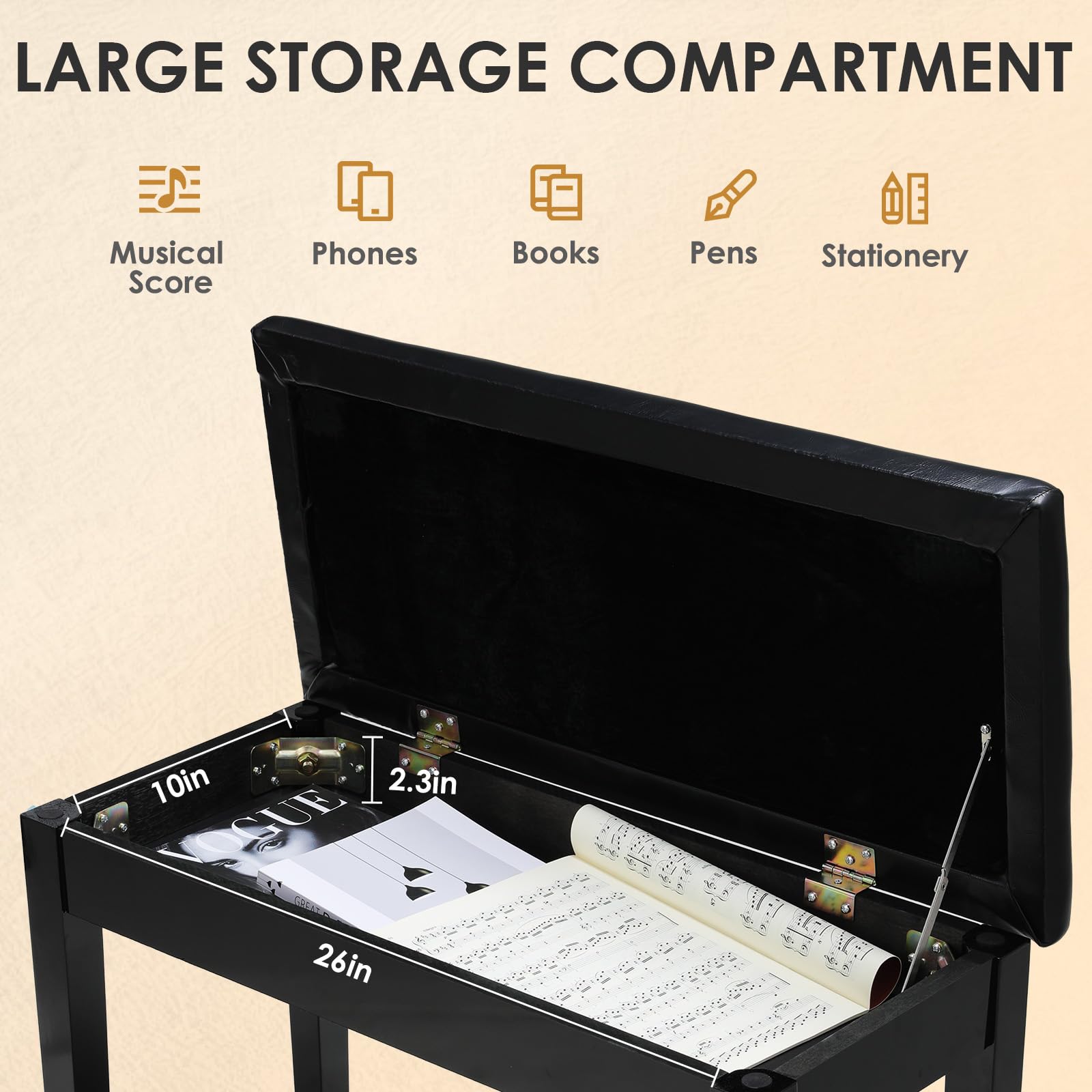 Liferun Black Wooden Duet Piano Bench With Storage, Padded Faux Leather Cushion Seat Piano Stool, Storage Compartment For Music