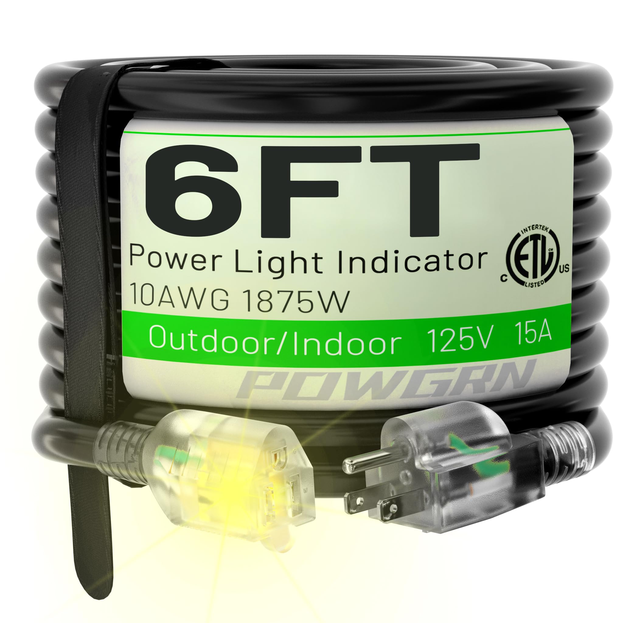 Powgrn 6 Ft 10/3 Black Outdoor Extension Cord Waterproof Heavy Duty 10 Gauge 3 Prong, Flexible Cold Resistant Power Cord Indoor