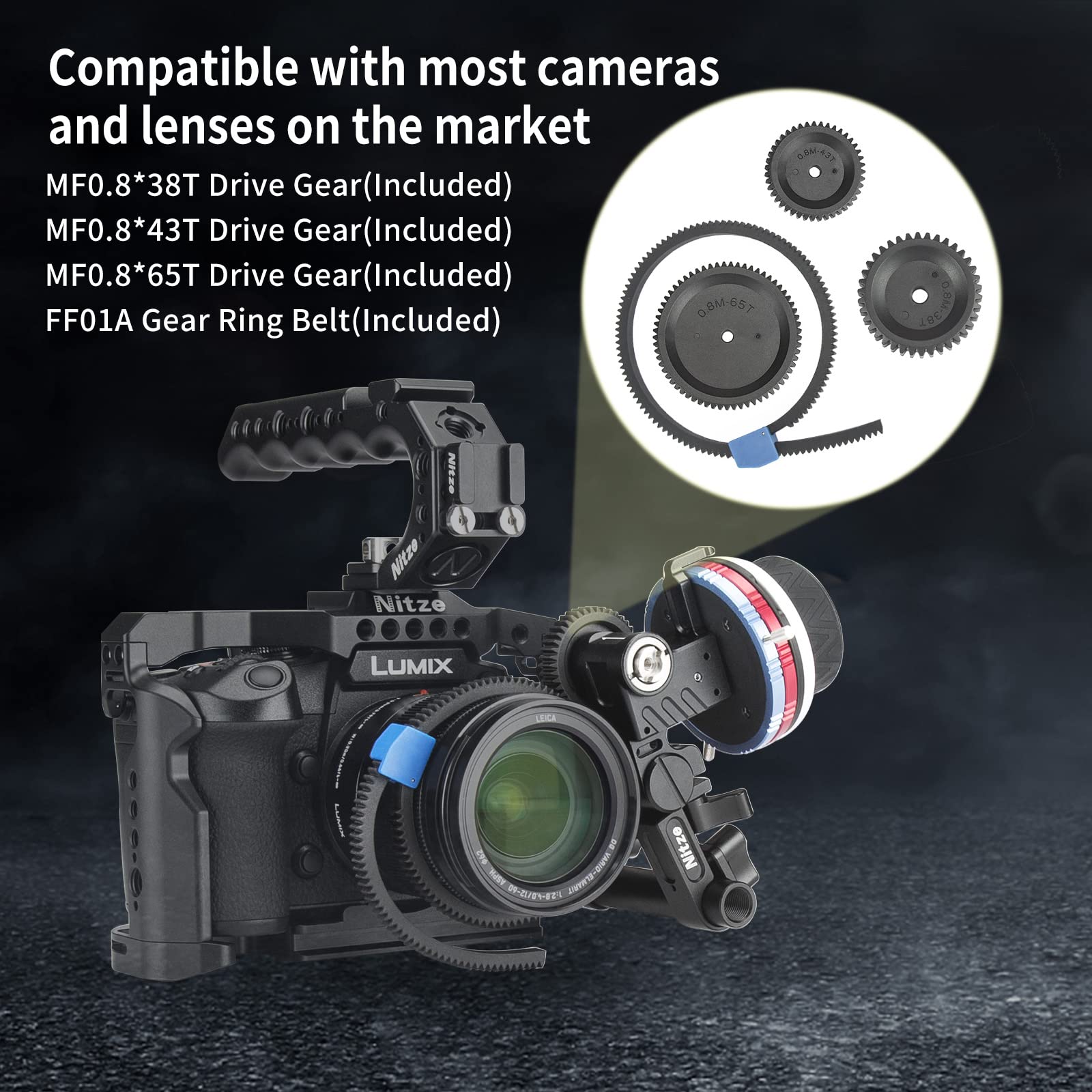 Nitze Mini Follow Focus Kit With 3 Reversible Drive Gears, 2 Marking Disks, Gear Ring Belt, 15Mm Rod And 15Mm Rod Clamp With Nat