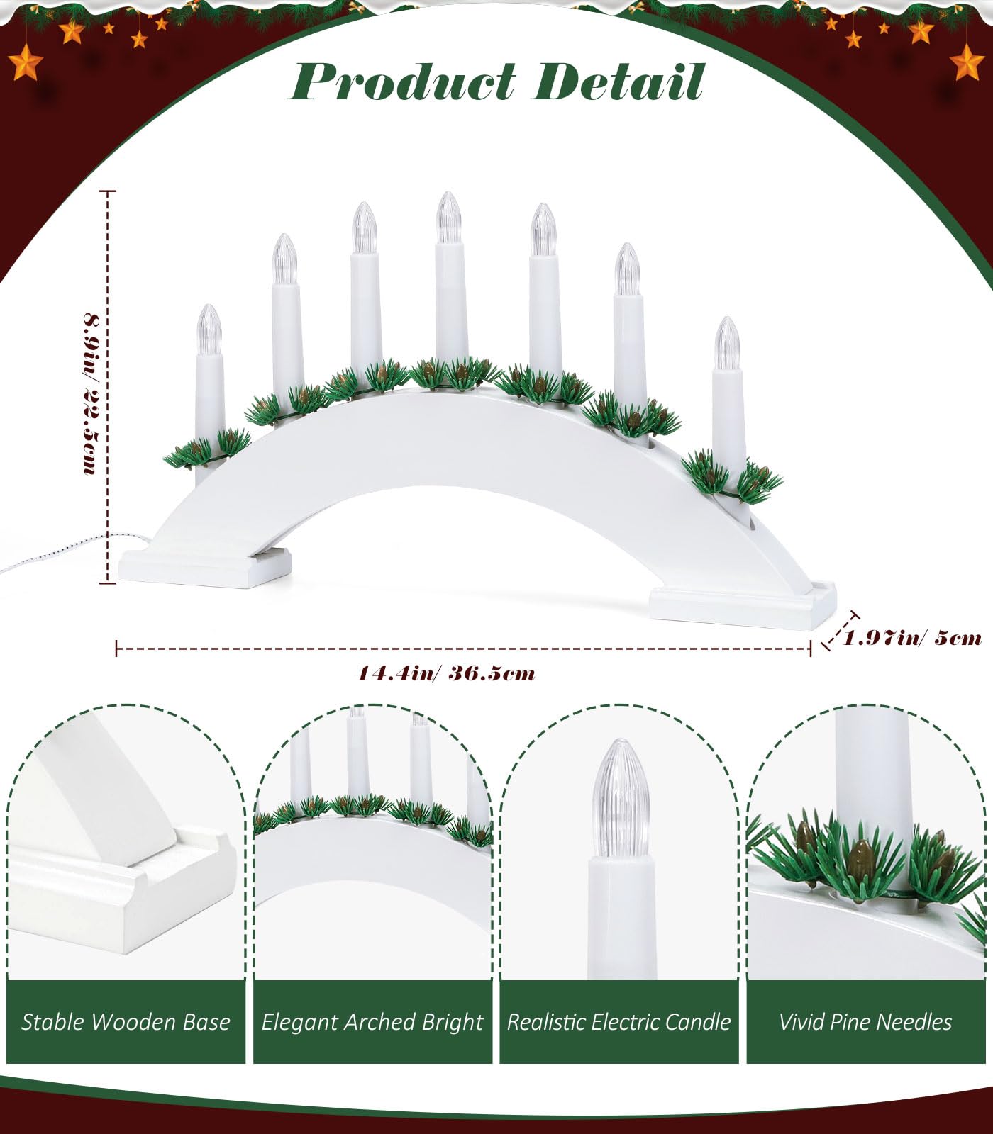 Lewondr Christmas Swedish Candelabra, 7 Taper Flameless Candles With Usb Powered, Christmas Window Candle Light With Pine Needle