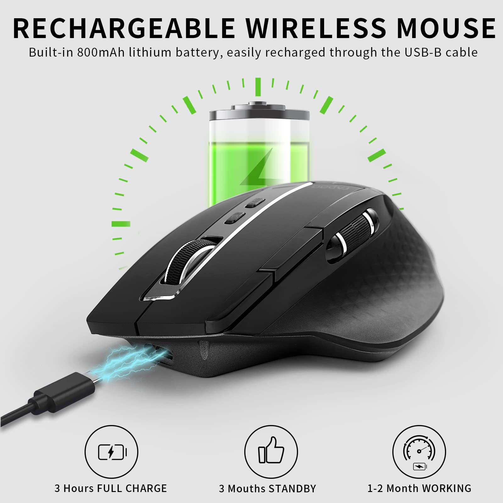 Rapoo Bluetooth Wireless Mouse, 4 Adjustable Dpi Rechargeable, Multi Device (3 Bluetooth+Usb) Programmable Ergonomic Mouse With