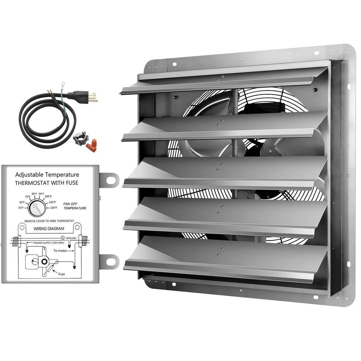 Ipower 24 Inch Wall Mounted Shutter Exhaust Fan With Temperature Controller And Power Cord Kit, Aluminum, 1400 Rpm, 4016 Cfm, Fo