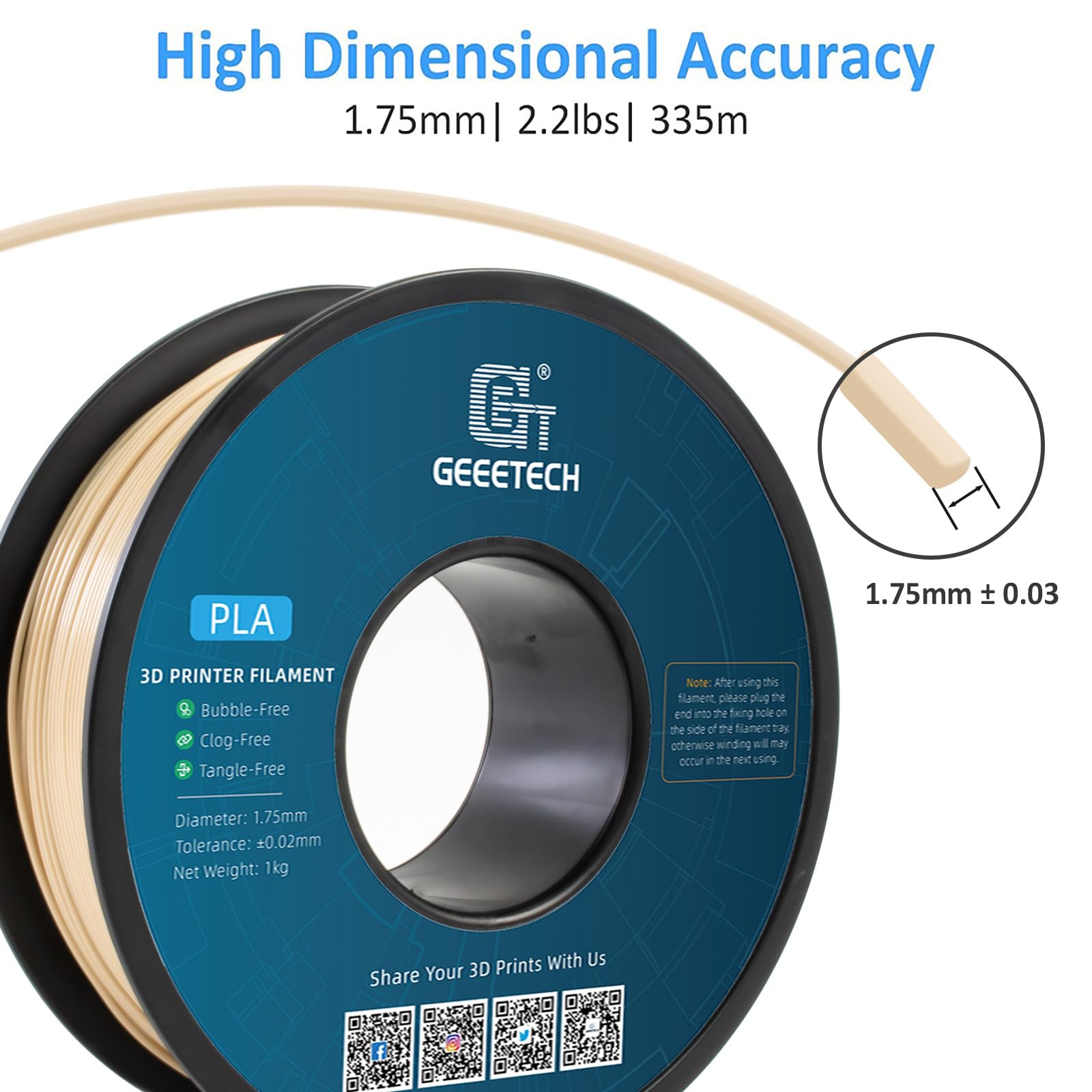 Geeetech Pla Filament 1.75Mm Bone White 3D Printer Filament 1Kg(2.2Lbs),Neatly Wound Bone Pla Filament,Dimensional Accuracy +/