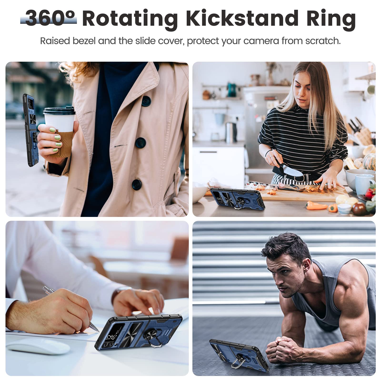 Caka For Samsung Galaxy Z Flip 3 Case, Z Flip 3 Case With Kickstand, Camera Cover & Hinge Protection With Built In 360   Rotate