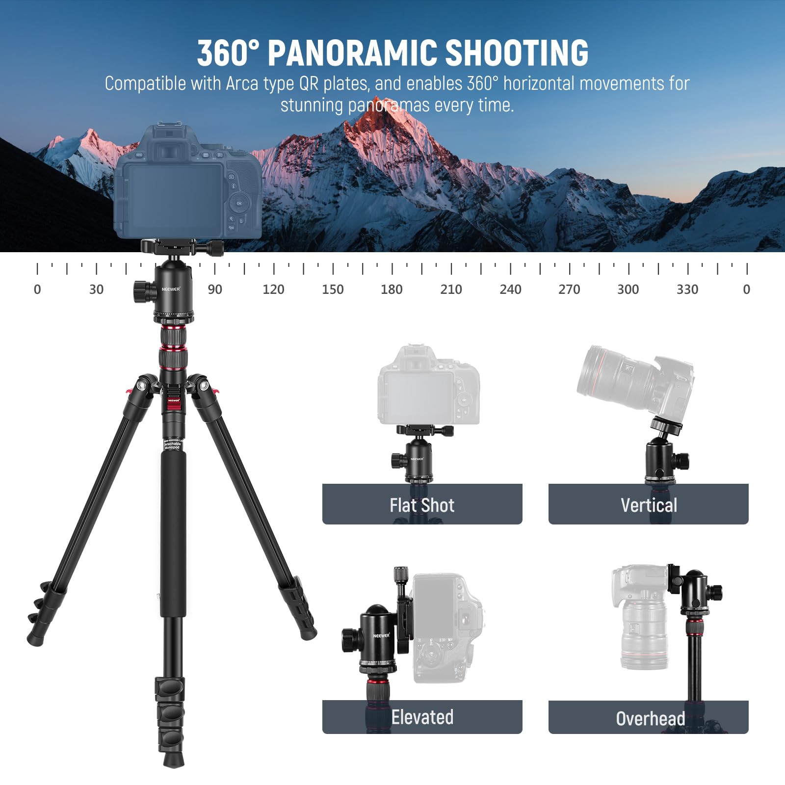 Neewer 77    Camera Tripod Monopod With Phone Holder, Portable Travel Tripod With Remote, 360 Ball Head, 2 Axis Center Column, A