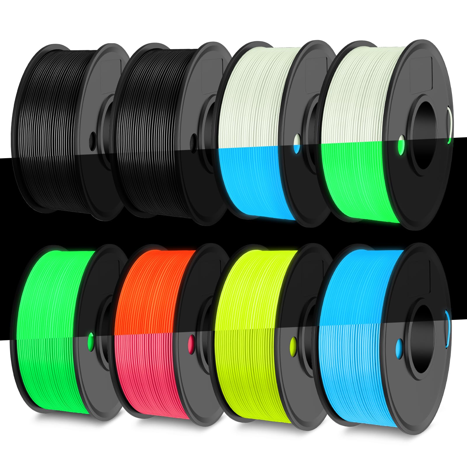 TECBEARS Glow in The Dark Petg Filament,Neatly Wound 3D Printer Filament Bundle,250g/Spool, 8 Packs (2 Spool of Black Petg and 6