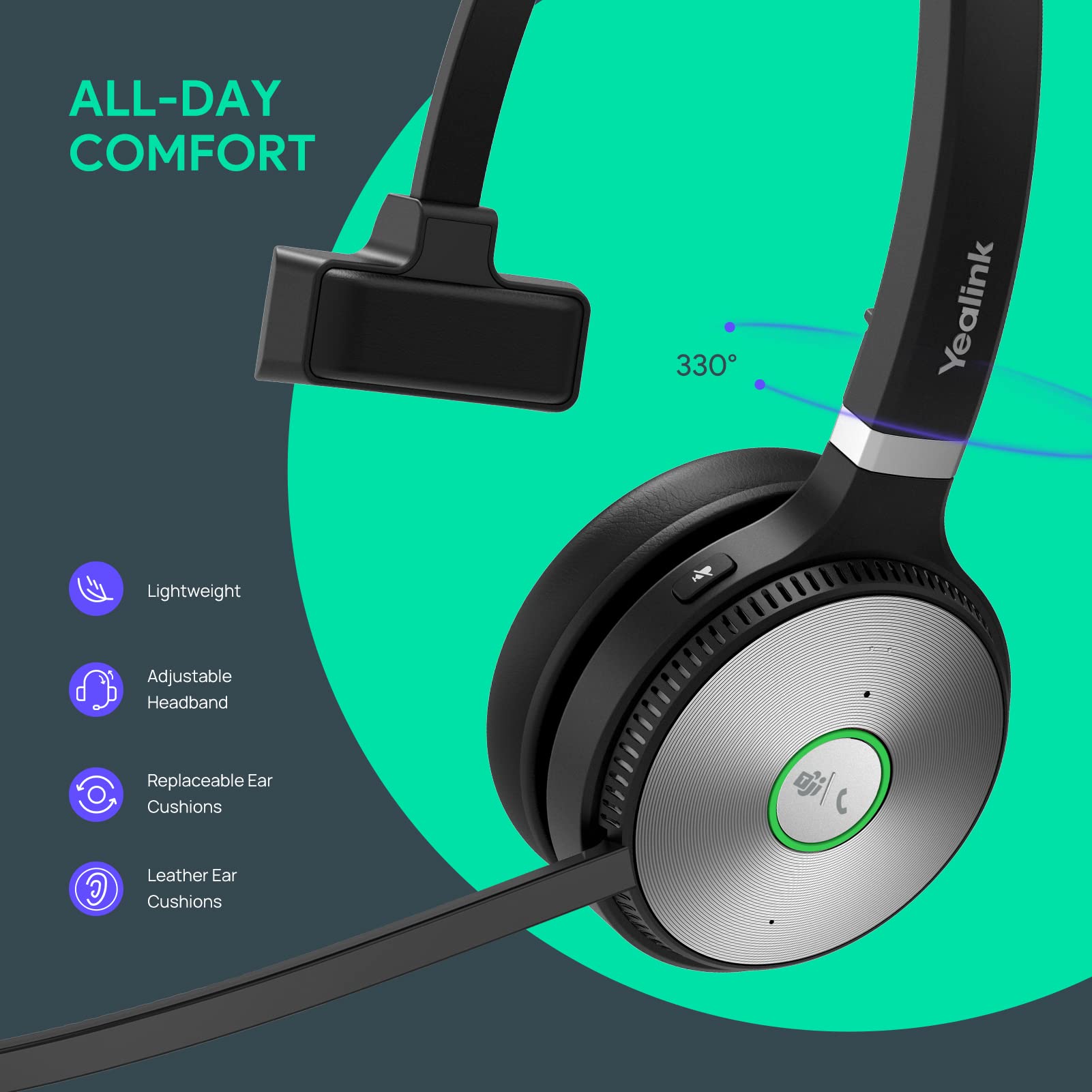 Yealink Wh66 Mono Wireless Dect Headset Teams Certified,Long Wireless Range 160M/525Ft,Talk Time 13H,Speaker,Work With Pc/Laptop