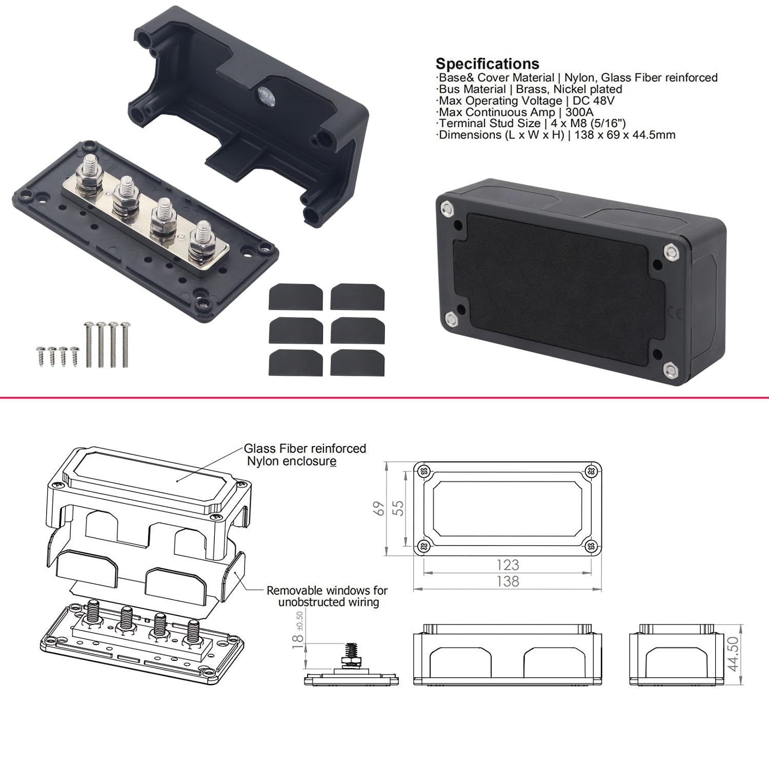 T Tocas 300A Heavy Duty Bus Bar Module Design Power Distribution Block Battery Junction Block With 4X M8 (5/16'') Terminal Studs