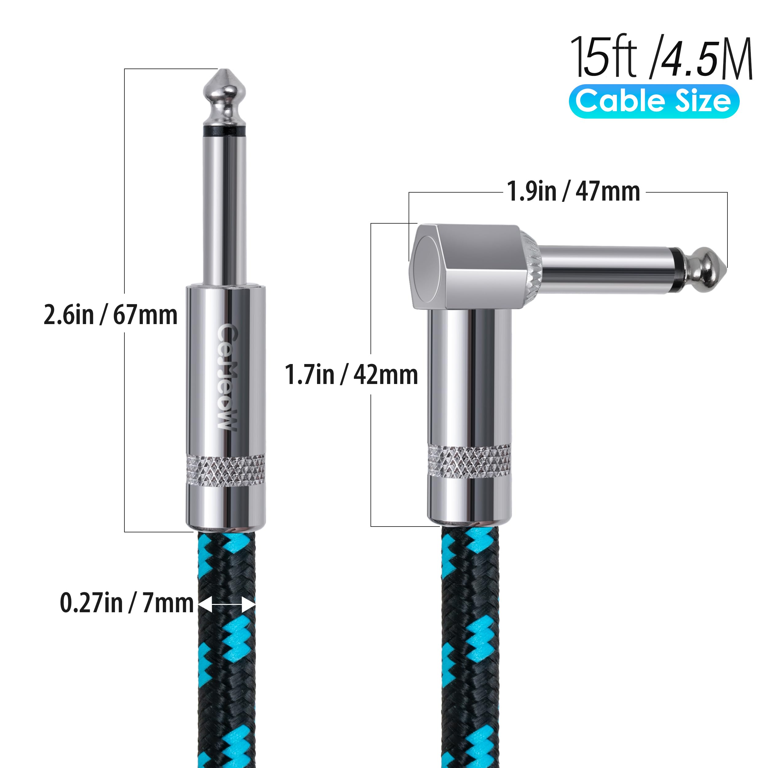 Cemeow Guitar Cable 15Ft Right Angle Guitar Amp Cord 1/4 Inch Instrument Cable With Braided Tweed And Anti Kinking Design For Gu