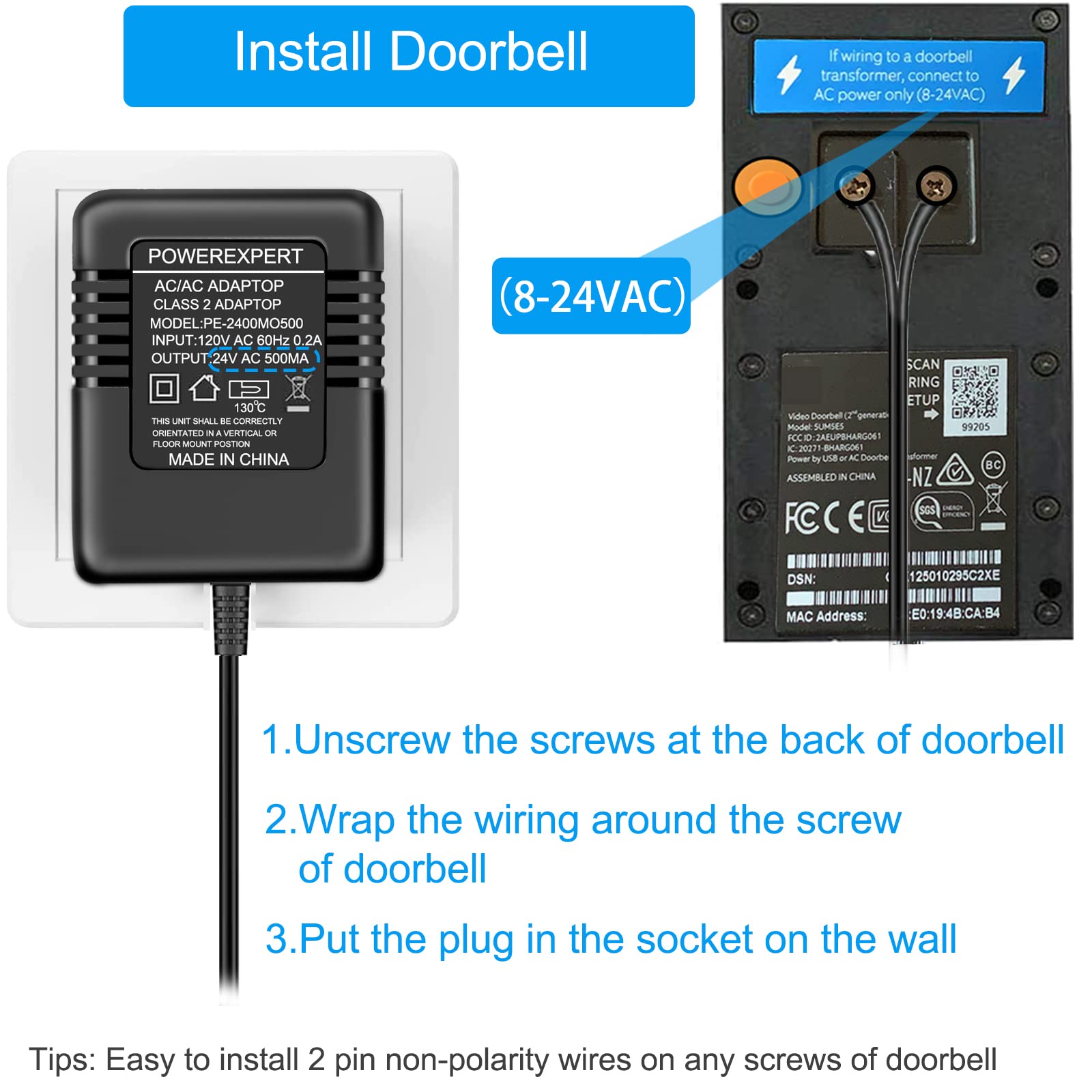 ATUOE 24V Transformer for Ring Doorbell & Thermostat, Compatible with Wyze, Nest, Black, Model 4981236