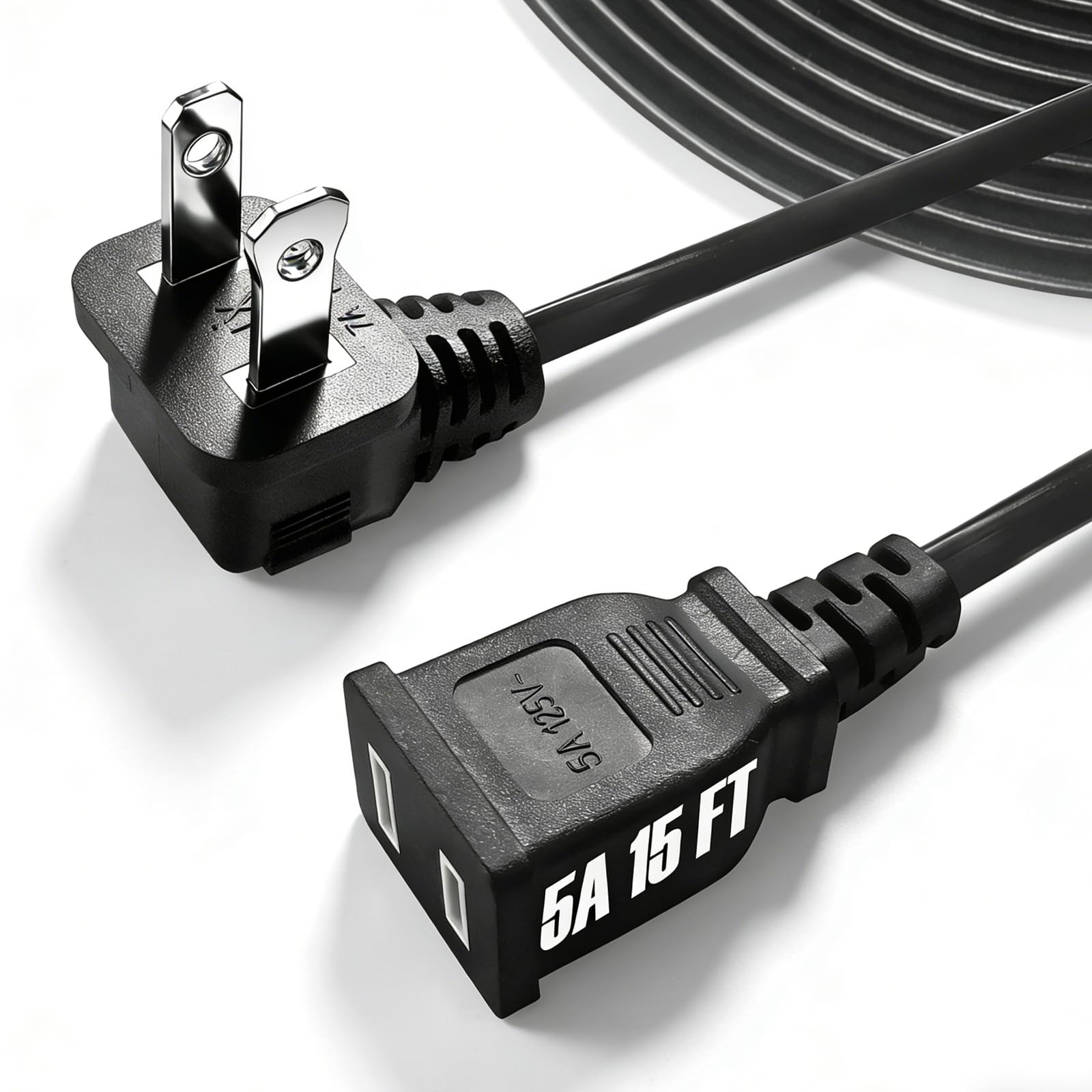 15ft Right Angle Extension Cord 5A 125V 625W Max, 2-Prong Black Slim Extension Cord for Floor Lamps, Holiday Decorations, Small 