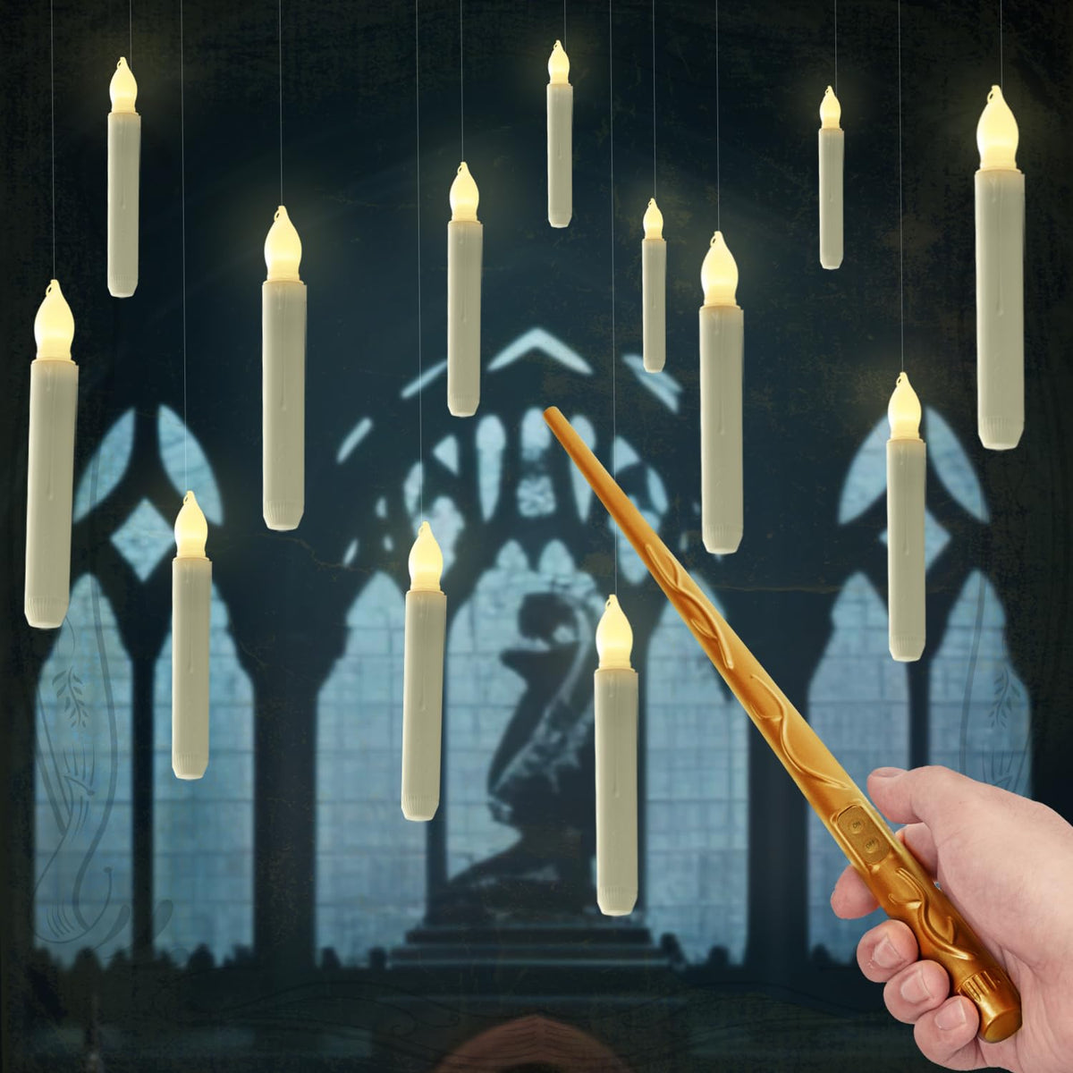 Homemory Hanging Floating Candles With Wand Remote And String, 12 Pcs Flying Flameless Led Taper Candles Warm White Light, Batte