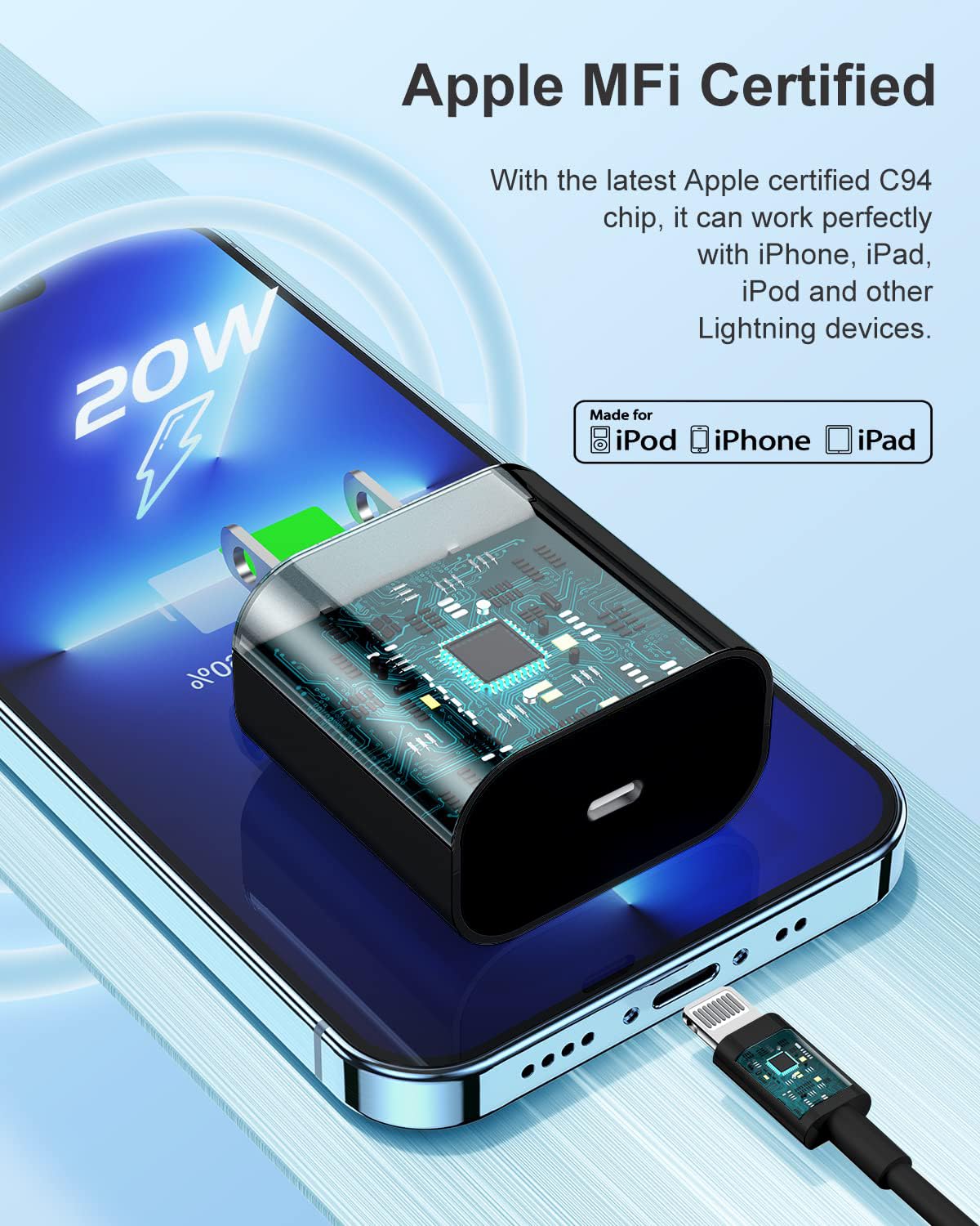 Susnwere Iphone 14 13 12 Charger Fast Charging, 2 Pack 20W Fast Pd Usb C Wall Charger Adapter With 3Pack 6Ft Usb C To Lightning Cable (Mfi Certified) For 14/14 Plus/14 Pro/14 Pro Max/13/ Black