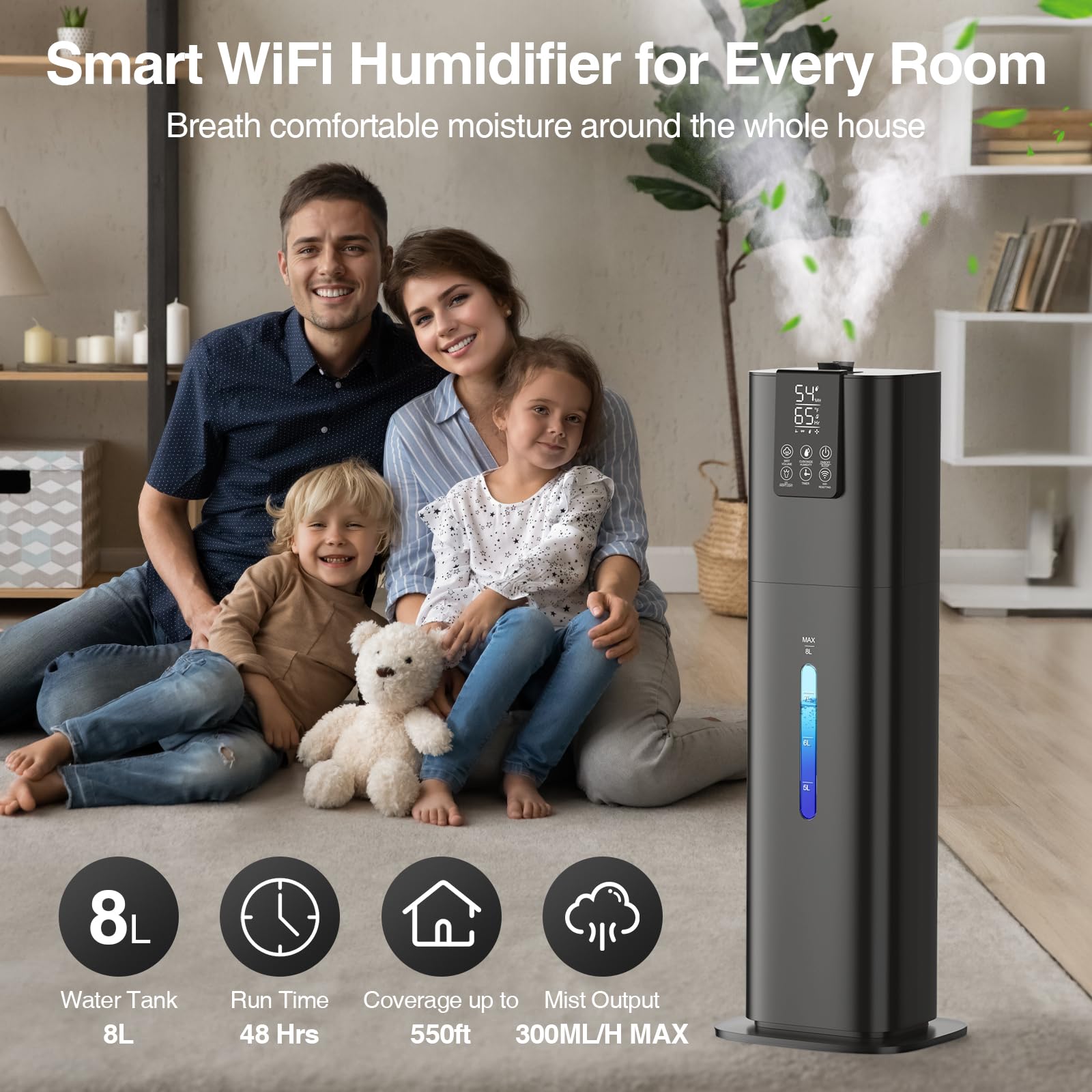 Honovos Smart Humidifiers Large Room Bedroom Home, 2.11Gal(8L) Quiet Top Fill Cool Mist Humidifier, Smart App & Remote Control,