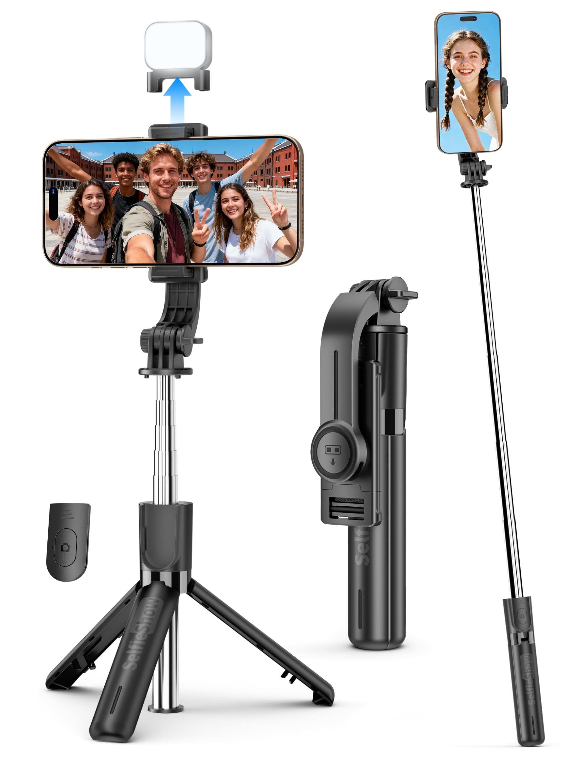 Mini Selfie Stick Travel Tripod for Cell Phone with Light, Extendable Selfie Stick for iPhone with Detachable Remote, iPhone Tri
