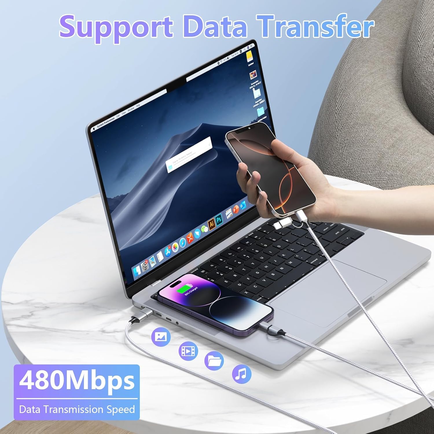 16Ft/5M Multi 4 In 1 Usb C Cable Lightning Charging Cable,60W Fast Charger & Data Transfer,Iphone Ipad Charger Cord With Lightni