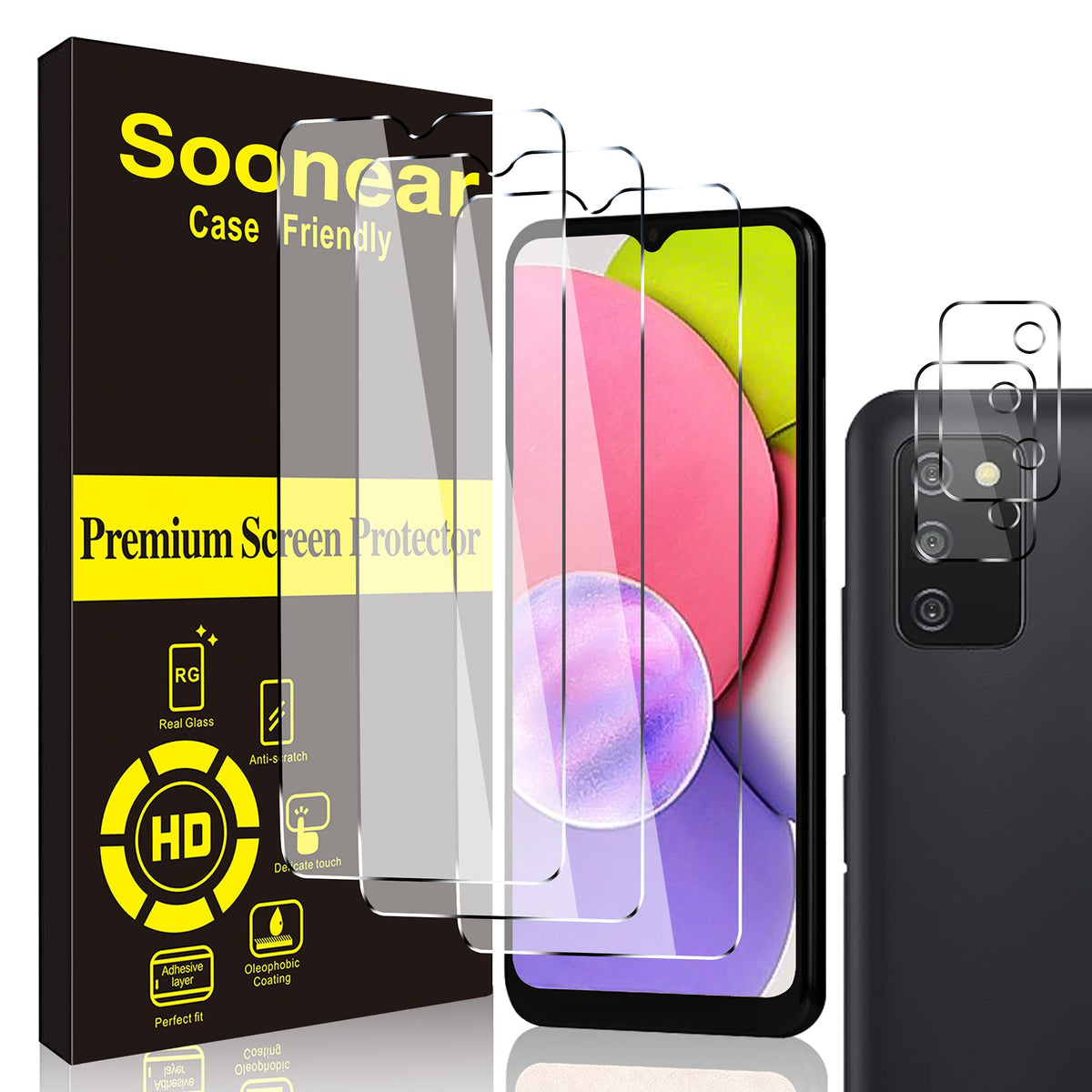 Soonear [3+2 Pack] Compatible For Samsung Galaxy A03S 6.5 Inch Screen Protector + Camera Lens Protector[Bubble Free] [Anti Scrat