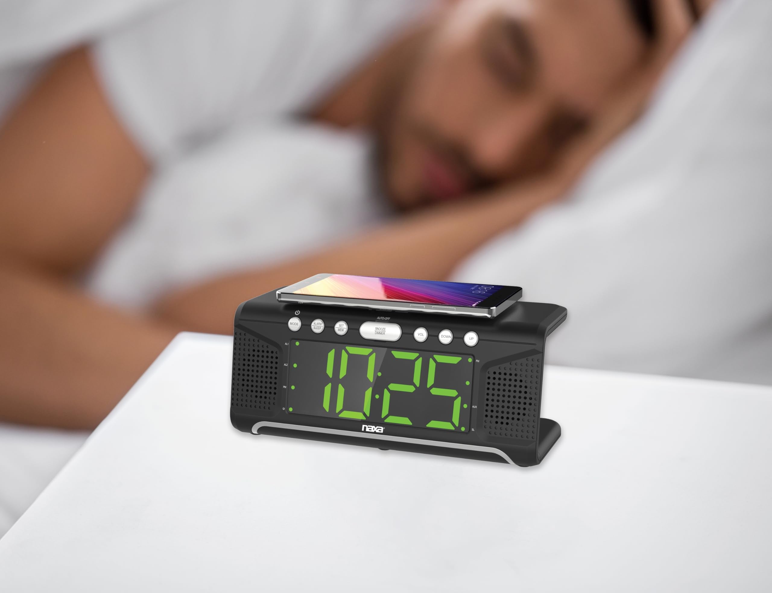 Naxa Electronics Nrc-190 Dual Alarm Clock With Qi Wireless Charging Function For Smartphones/Ipod/Iphone/Tablets, Led Display, B